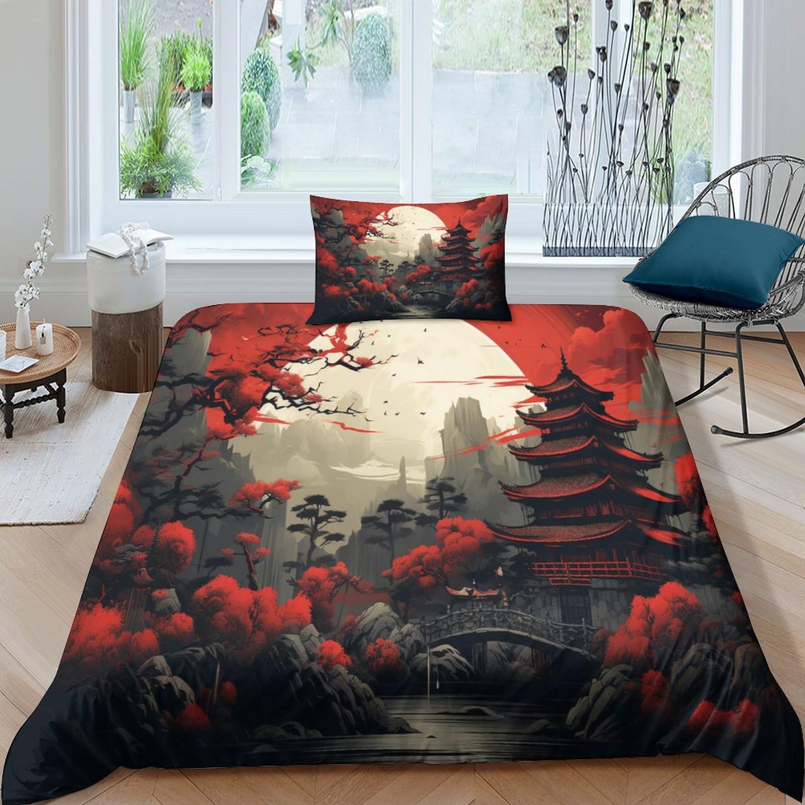 Crjus Pagoda Duvet Cover Bedding Set,Japanese Style 3D Duvet Cover With Pillowcases, For Soft Microfiber Quilt Cover With Zipper Closure 2 Piece Set Single（135X200cm）