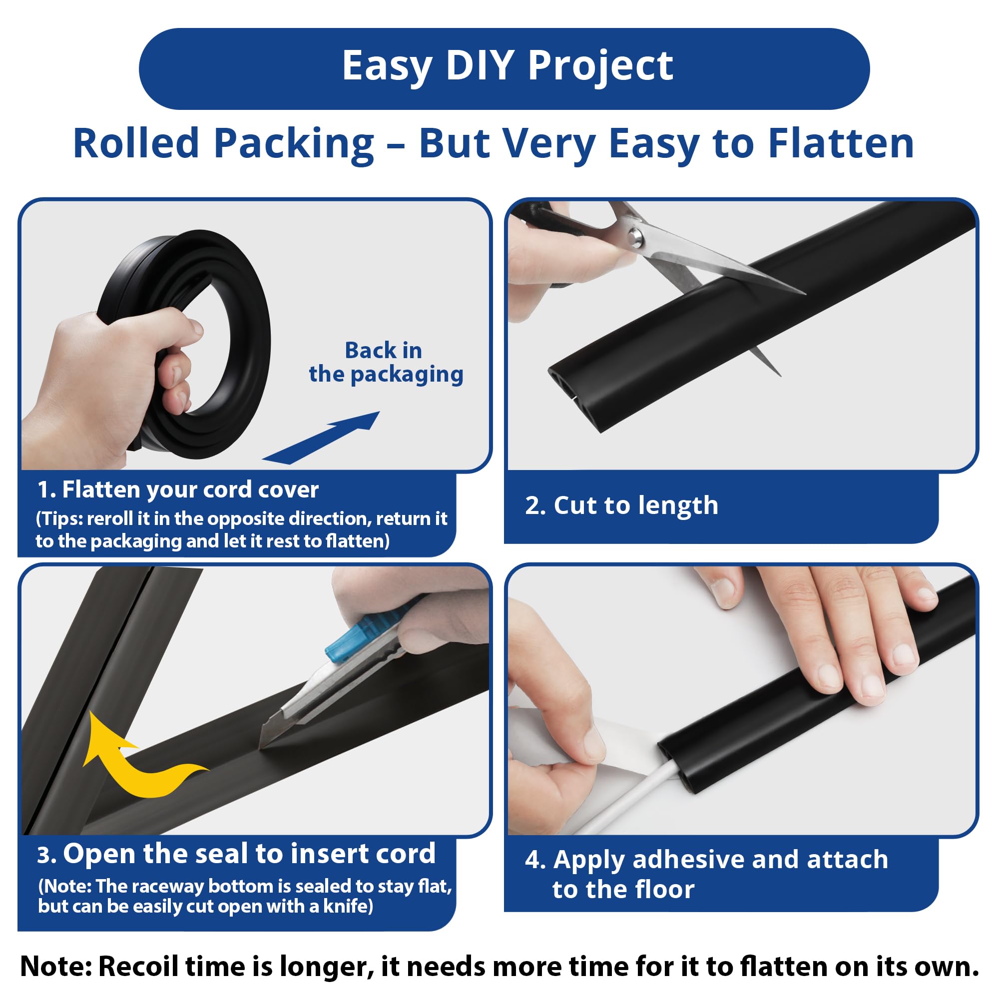 ZhiYo 4ft Cord Covers for Wires on Floor, Self-Adhesive Cord Hider, Black — Amazon image 3