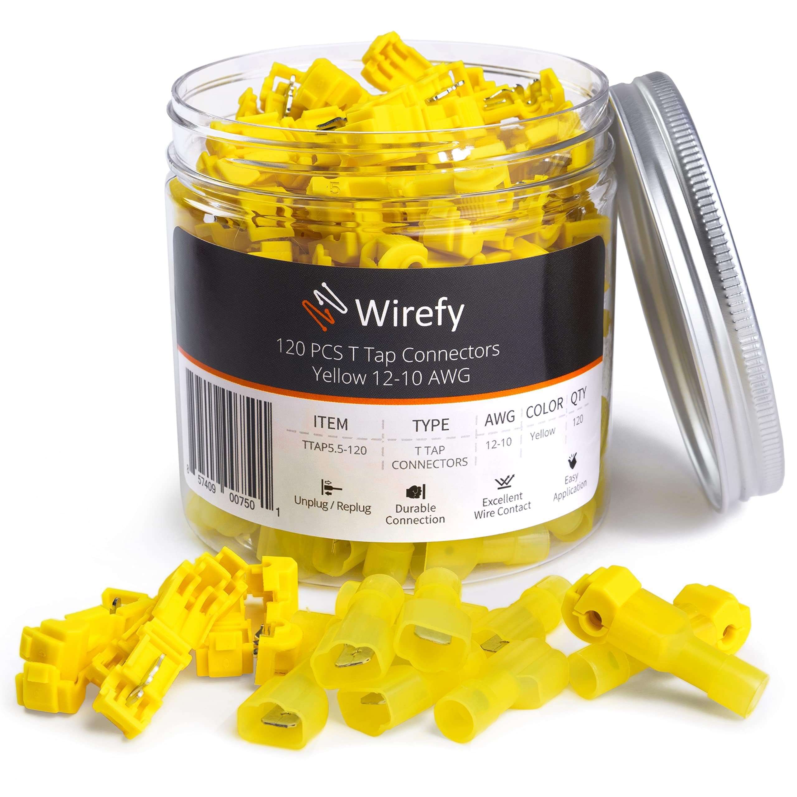 Wirefy 120 PCS Yellow T Tap Wire Connectors - Quick Splice Electrical Wire Tap Connectors and Insulated Male Quick Disconnect Terminals - 12-10 AWG