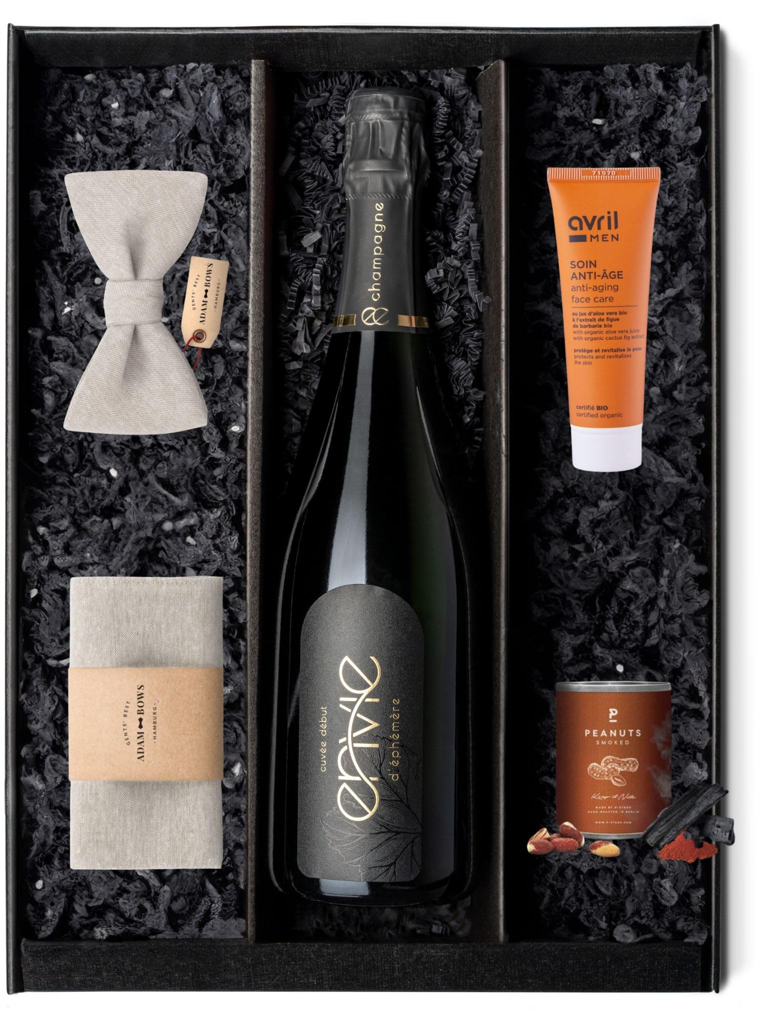 en vie d'éphémère Champagne | Champagner aus nachhaltigem Anbau, vegan, trocken, brut, fruchtig, 1x0,75l Flasche (1x 0,75l + Fliege + Skincare)