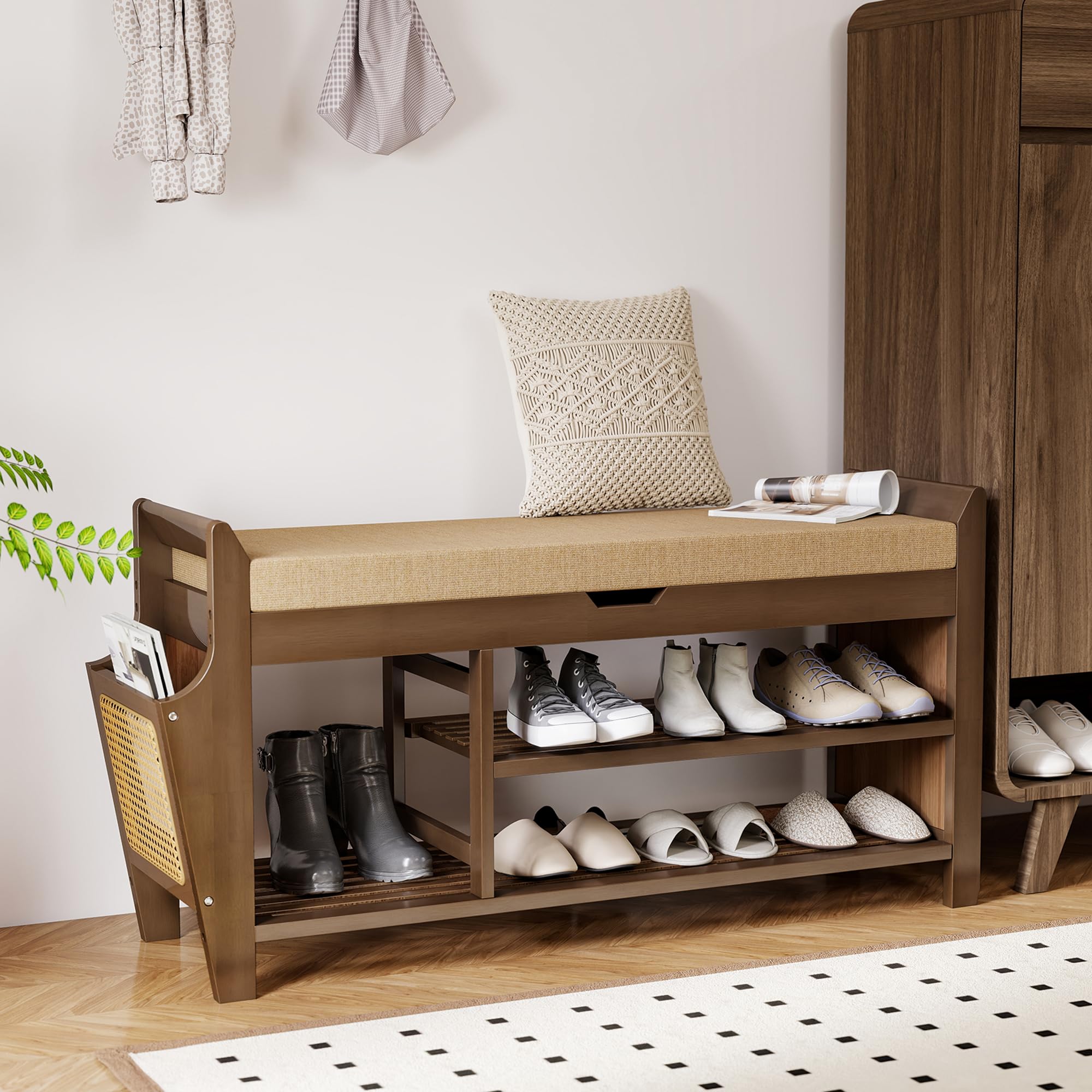 Pamapic Banco Zapatero, Banco Zapatero con Asiento, Mueble de Recibidor de 3 Niveles, Almacenamiento Oculto, Compartimento de Almacenaje para Entrada, Dormitorio, 100 x 30 x 50 cm