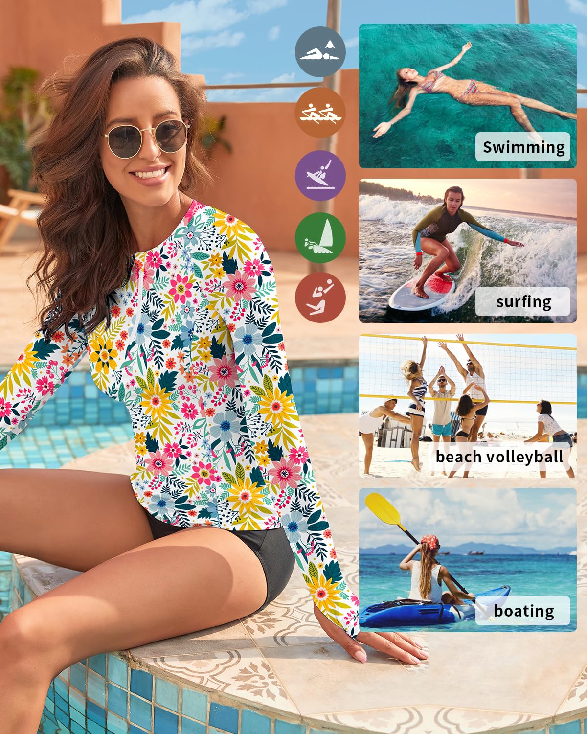 WOWENY Camiseta de natación de Manga Larga para Mujer, con Cremallera 1/4, protección Solar, Traje de baño, Camiseta de Surf, Camiseta de Playa, Chaleco de natación