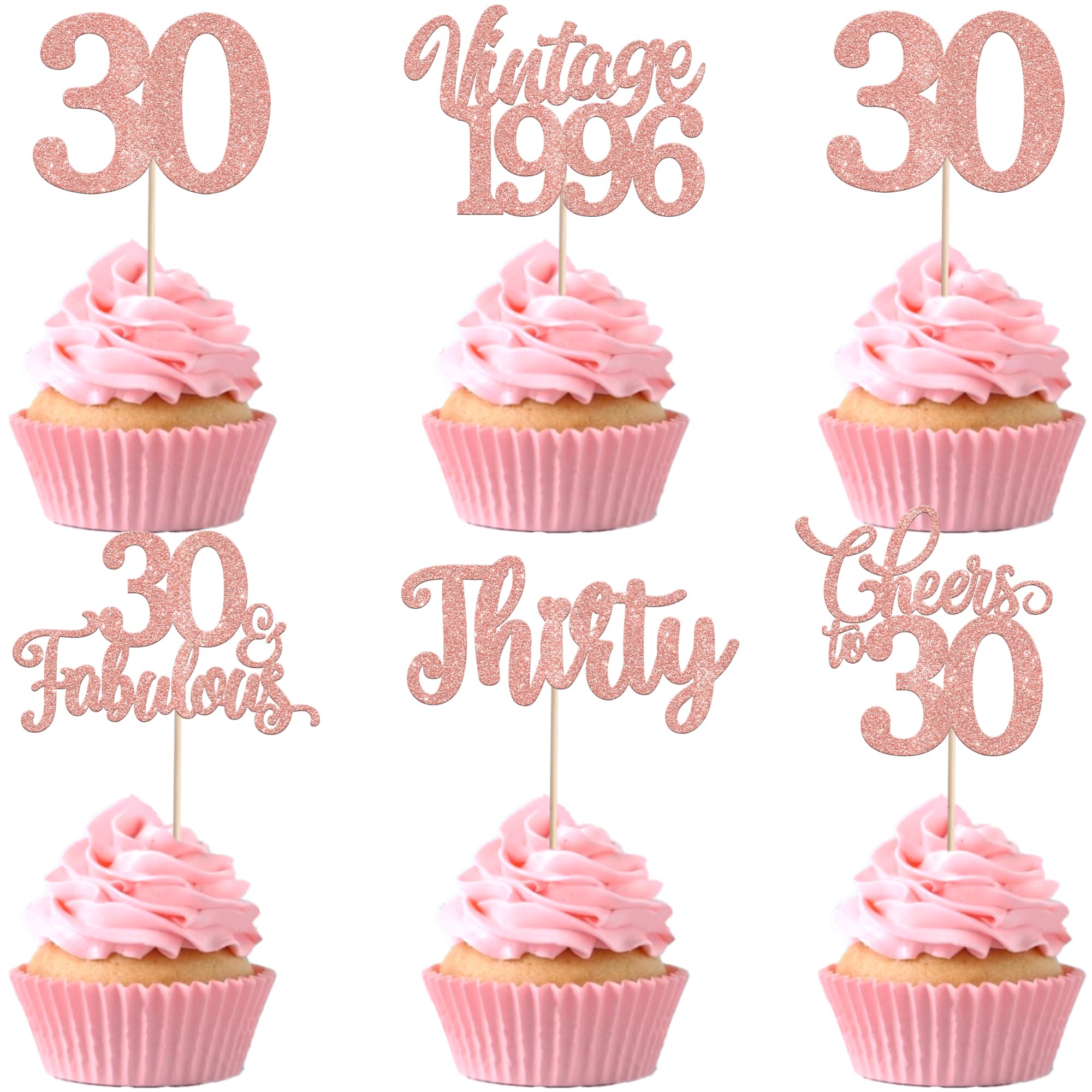 30 Pack Happy 30th Birthday Cupcake Toppers Glitter Hello 30 Thirty Vintage 1996 Cupcake Picks Cheers to 30 Party Decorations for 30th Birthday Anniversary Party Cake Decorations Rose Gold