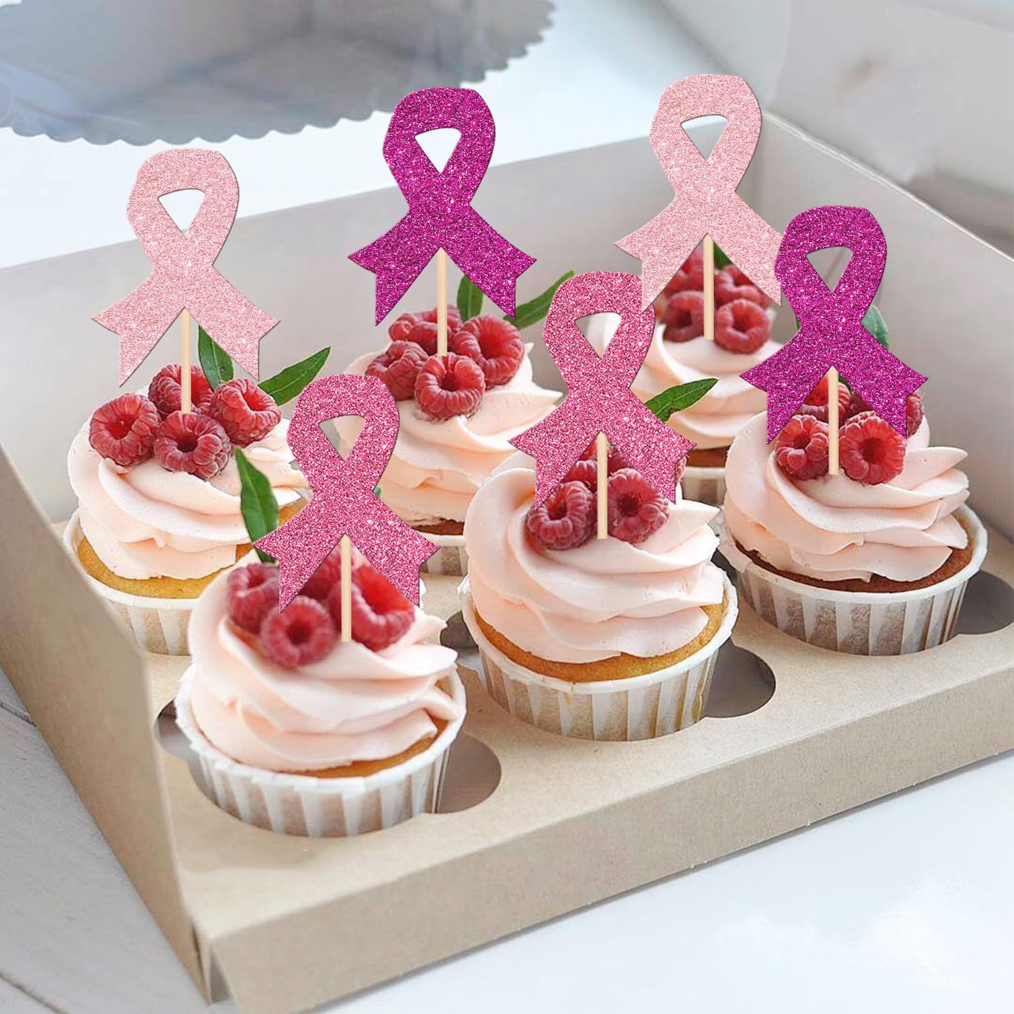 Xsstarmi 24 Pack Breast Cancer Awareness Cupcake Toppers Glitter Pink Ribbon Fight Beliveve Cupcake Picks for Breast Theme Love Women Health Pink Ribbon Party Cake Decorations Supplies - Image 4