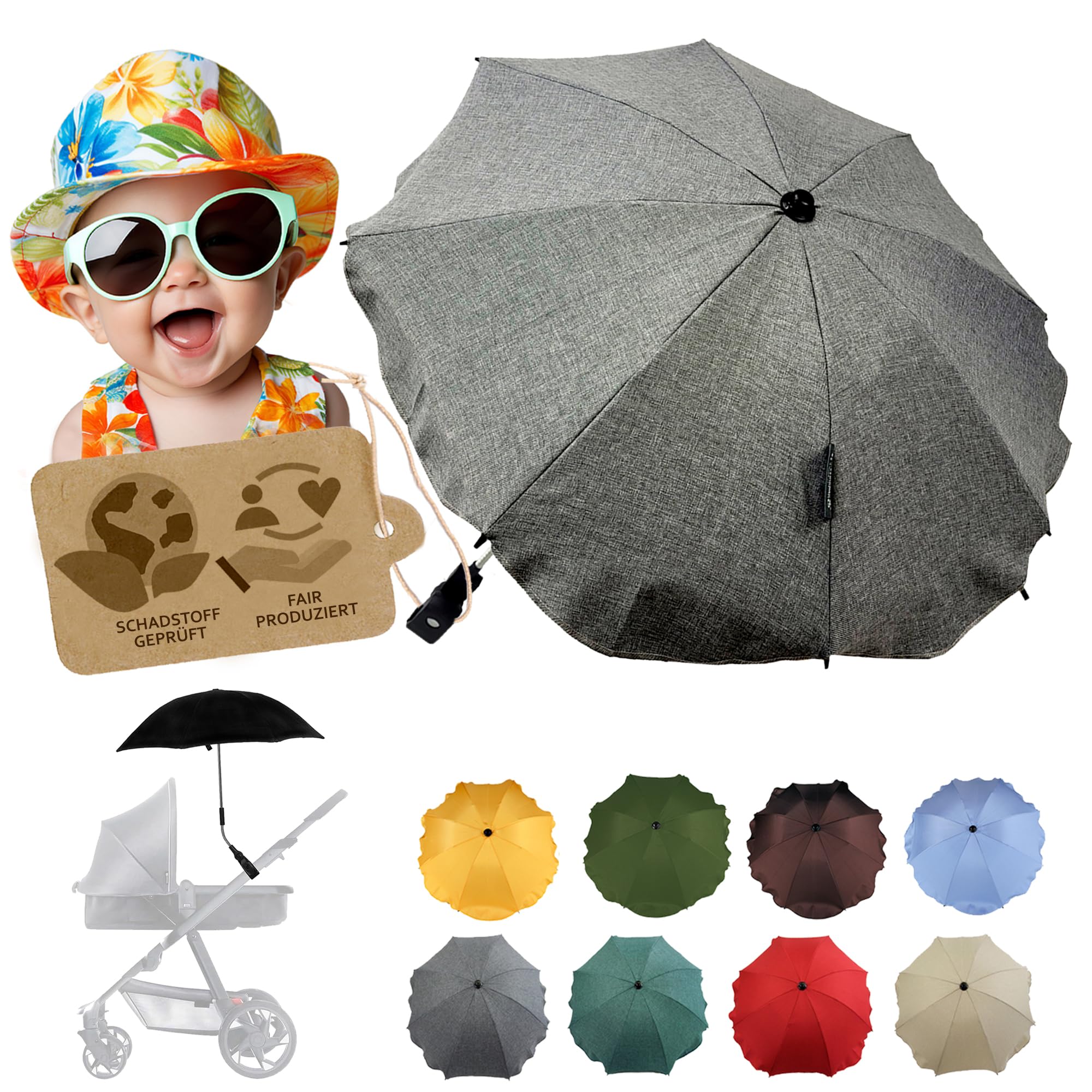 Sonnenschutz universal [Sonnenschirm für Kinderwagen] Buggy UV Schutz 50+ mit Universalhalterung biegsamer Schirm für Rund- und Ovalrohre verstellbar (meliert dunkelgrau)