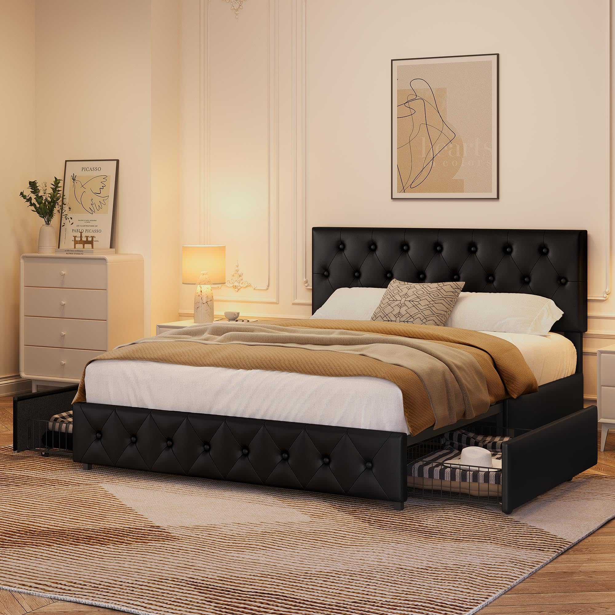 Black 5FT King Bed Frame Upholstered Platform Bed with Adjustable Headboard-Base Only No Mattress Included/Wood Slat Support/No Box Spring Needed/5FT King (150cm X 200cm)-2 Storage Drawers