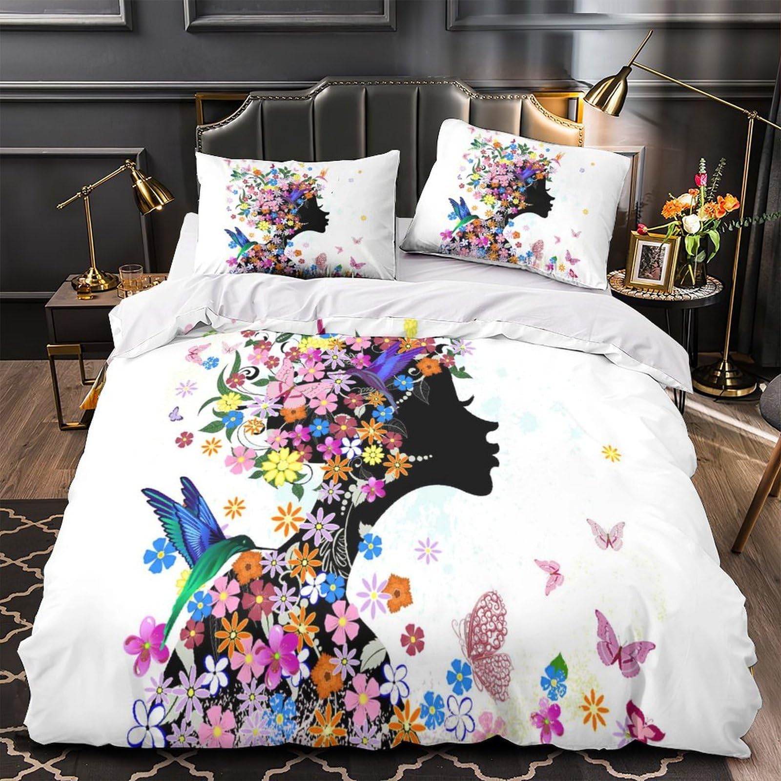 MMDASBVPE Floral Silhouette Comforter Cover 3D Print Super Soft 3-Piece Bed Set Hidden Zipper Duvet Cover Hotel Quality Hypoallergenic for Adults Women Kids Girls Boys Super king（260x220cm）
