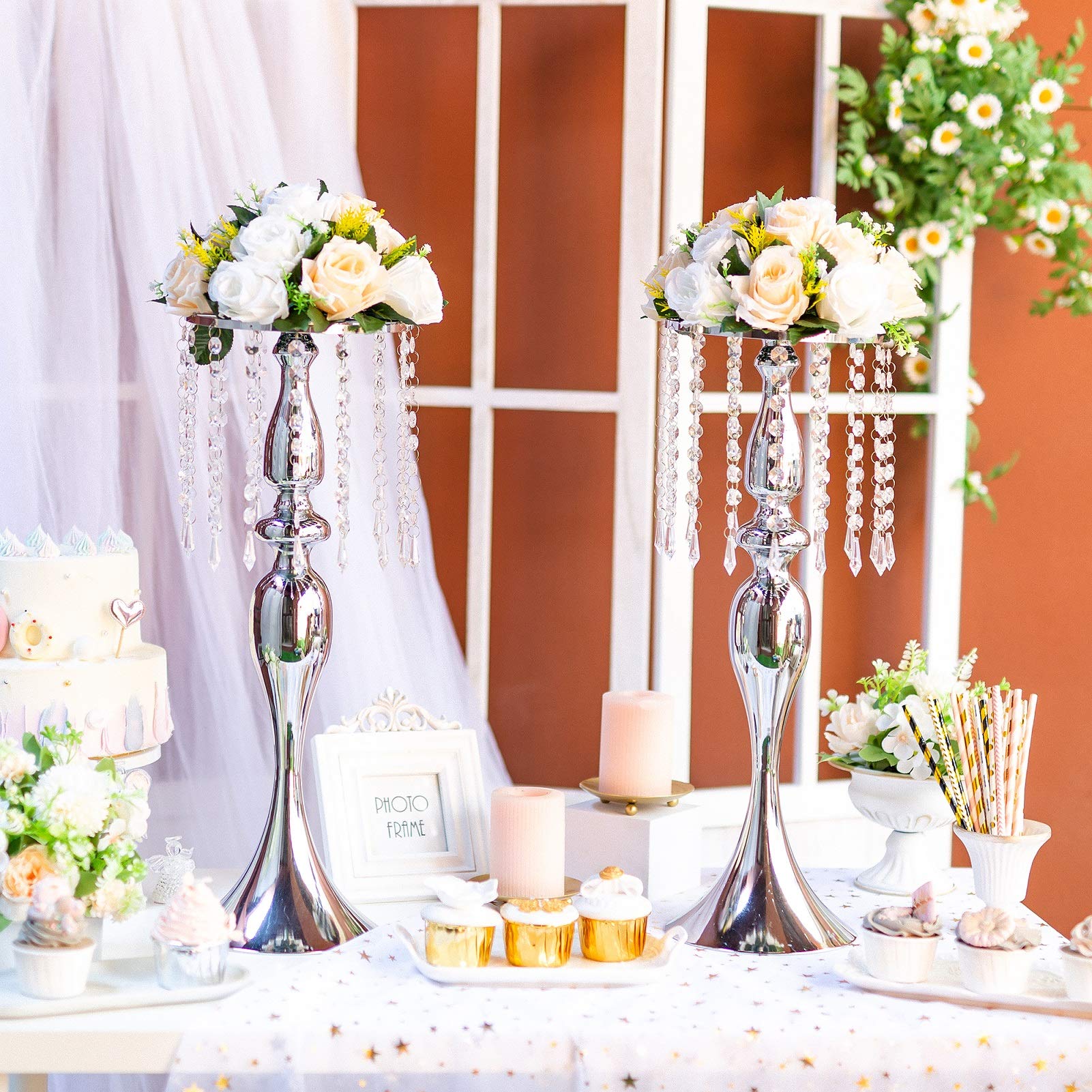 Sziqiqi - Centrotavola floreale in argento con fiore alto con perline di cristallo, per eventi, feste, matrimoni, ricevimenti, centrotavola e composizioni floreali, confezione da 2 pezzi, 54 cm