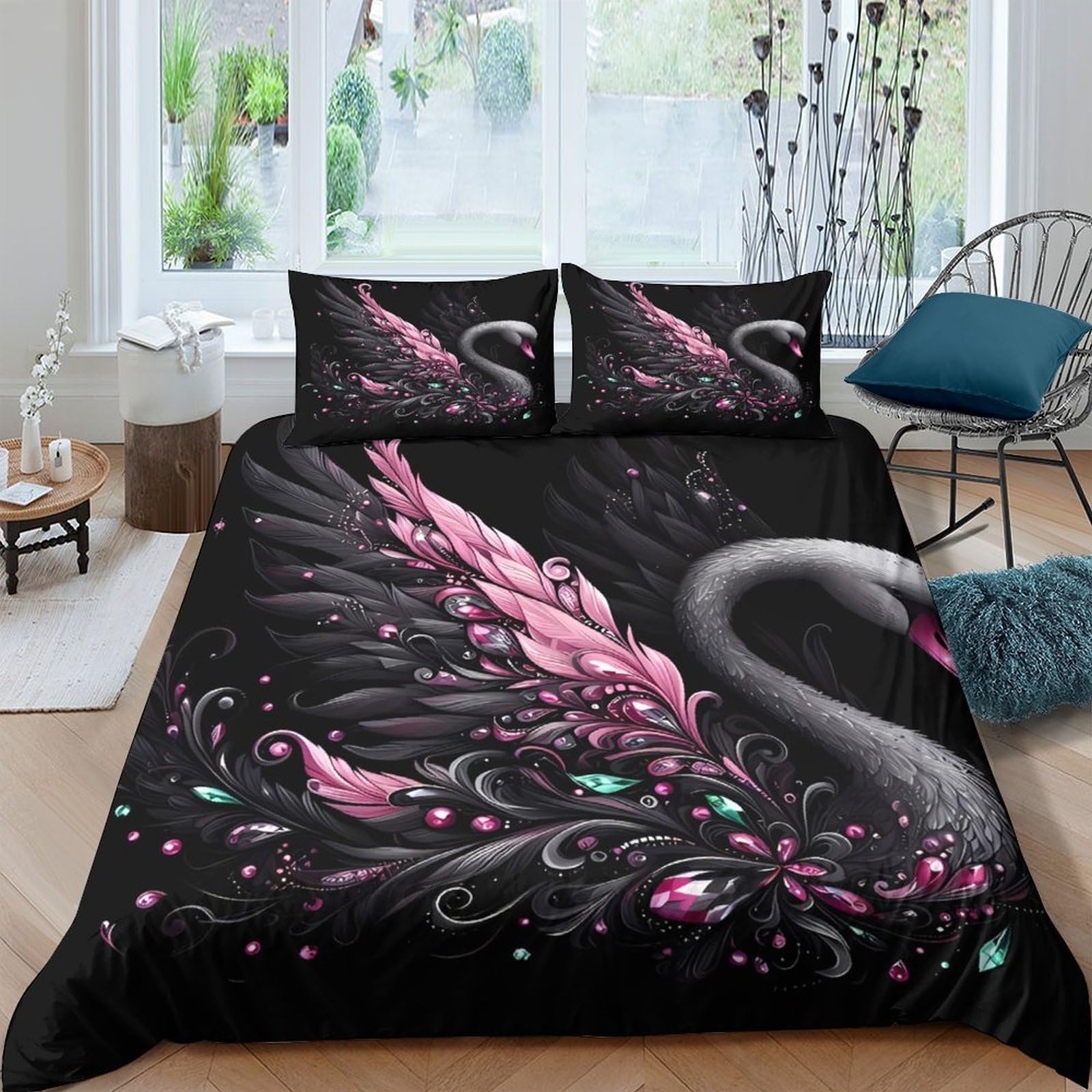 Ctjqhvkz Style-4 3D Printed Black Swan Art Fitted Sheet Microfiber Soft Pink Feather Bed Cover For Bedroom Guest Room Decor Single（135X200cm）