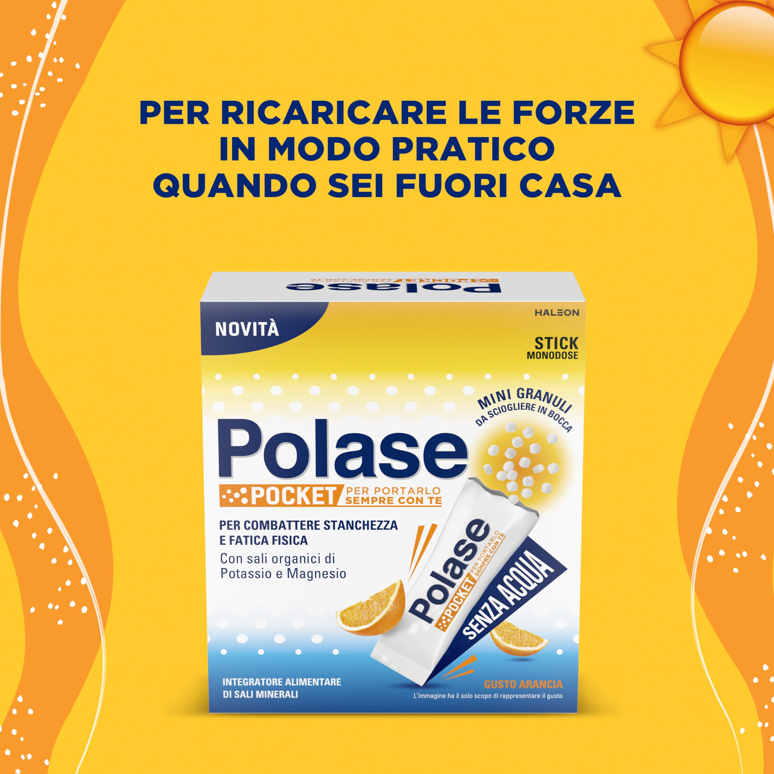 Polase Pocket, Complément alimentaire de magnésium et de potassium à prendre sans eau, contre fatigue et fatigue, chaud, goût orange, 14 bâtons orosolubles