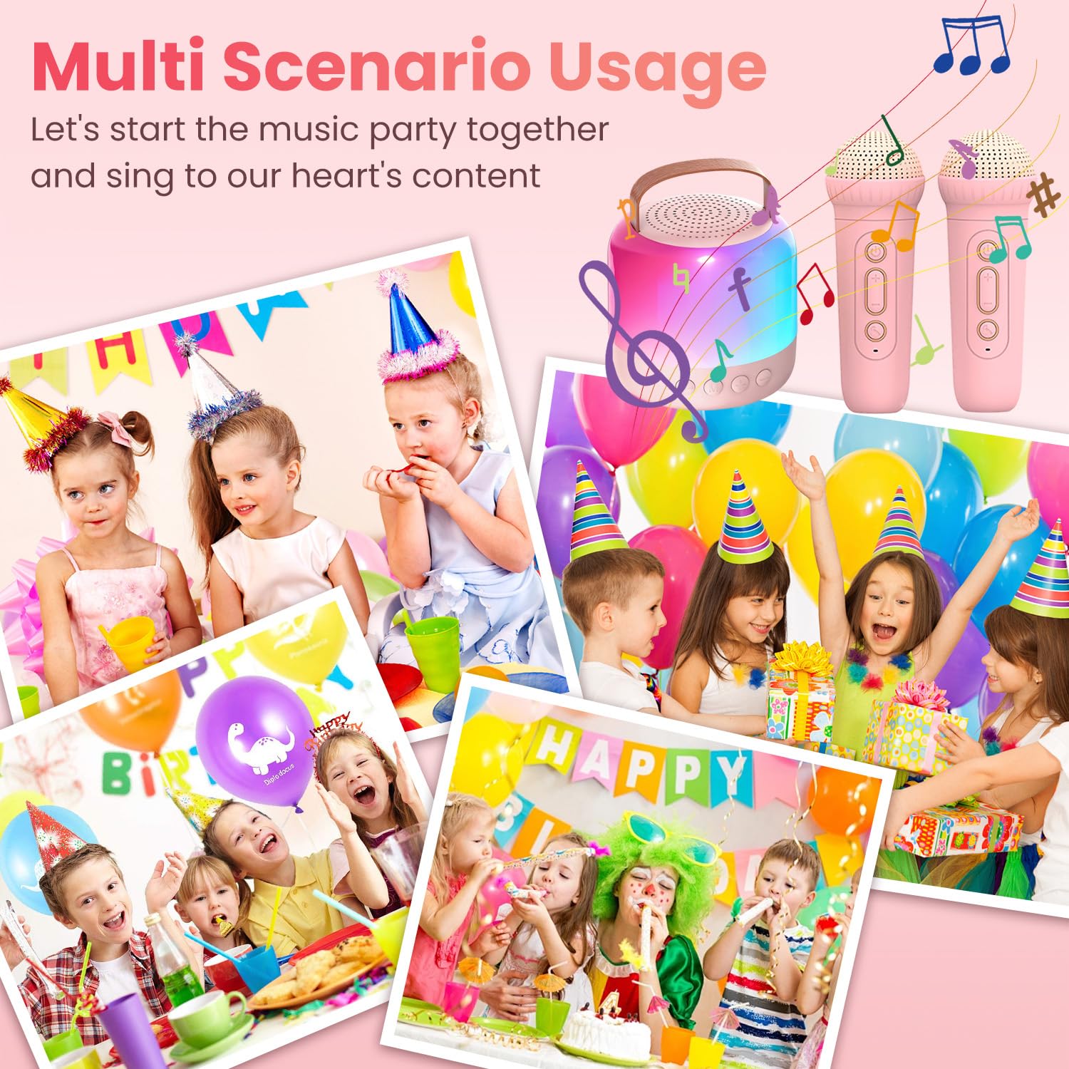 AIUNAOM Macchina per Karaoke con 2 Microfoni Senza Fili per Bambini, Cassa Bluetooth Portatile con LED ed Effetti Sonori - Regalo di Natale Ideale per Ragazze 3-12 Anni