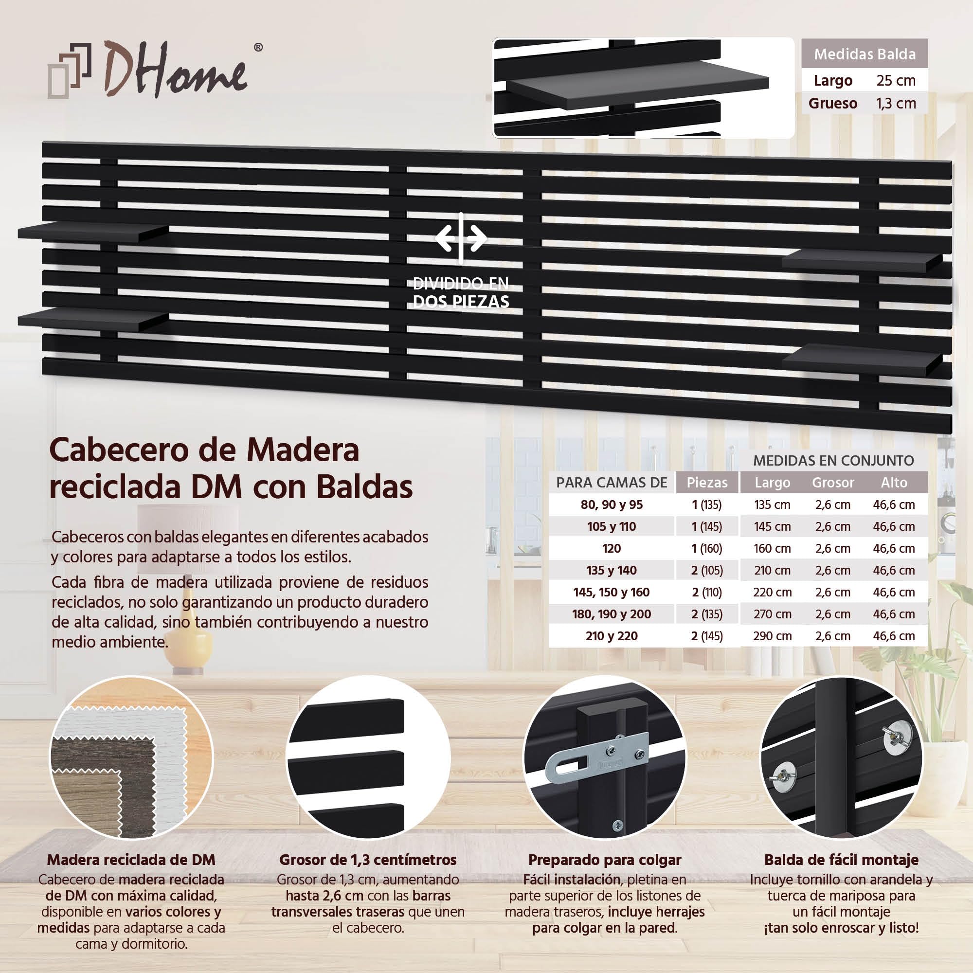 DHOME Testiera con Mensole in Legno Riciclato DM da Appendere alla Parete Stile Pallet Letto Vintage Nordico Supporti Inclusi (Stile Giapponese, Nero Solido, 270cm)