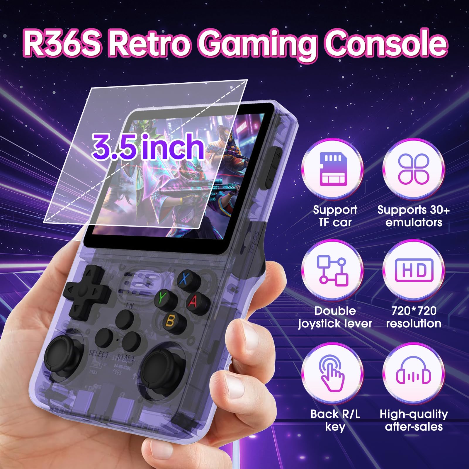Febotak R36S - Console da gioco retrò portatile con schermo IPS da 3,5", 128 GB di memoria, oltre 40.000 giochi, basato su LINXU Open Source ARKOS, batteria da 3500 mAh (Viola)