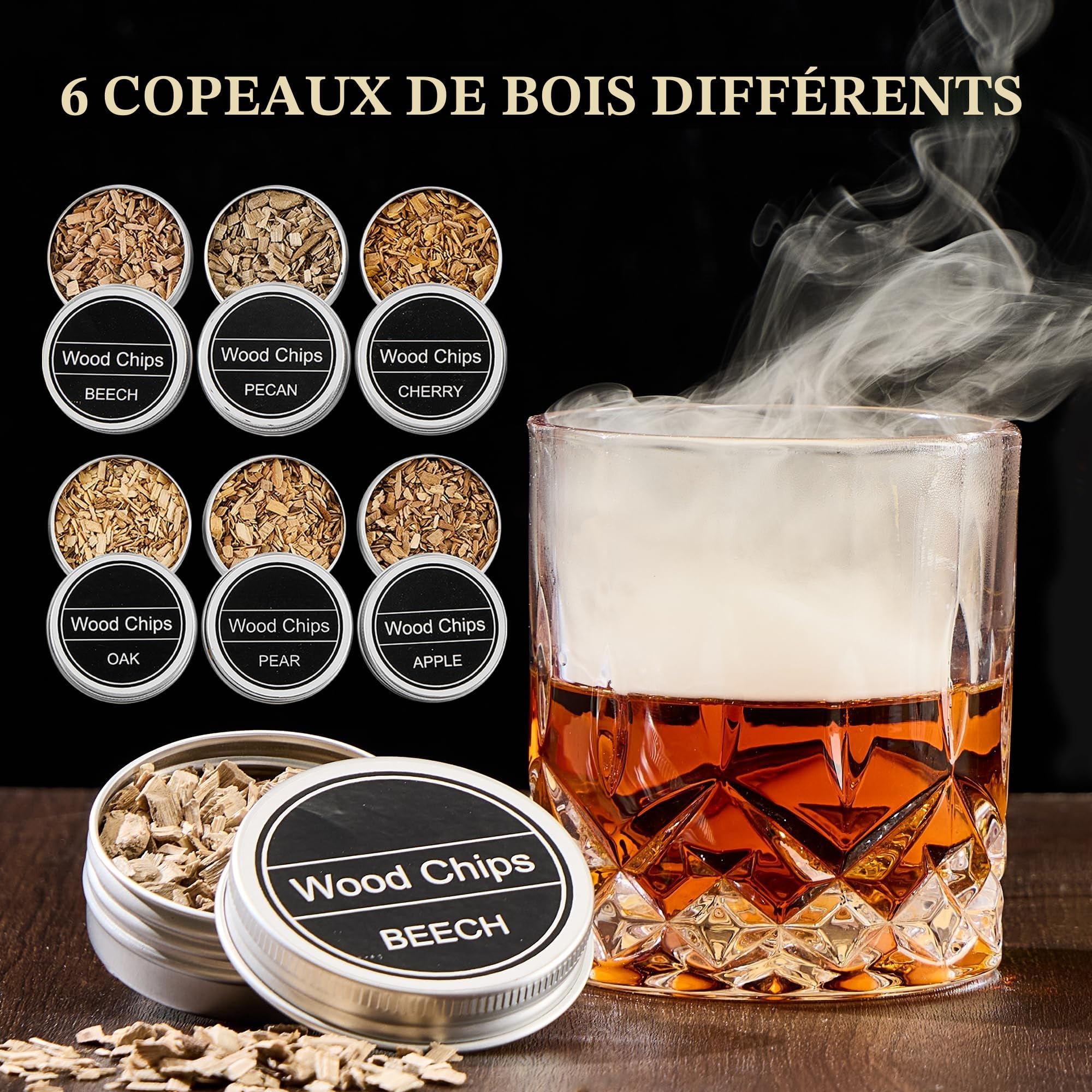 Kit Fumoir à Cocktail pour Whisky avec Torche Sans Gaz et 4 Pierres | Cadeau original pour homme avec 6 copeaux naturels pour whisky, bourbon et cocktails fumés