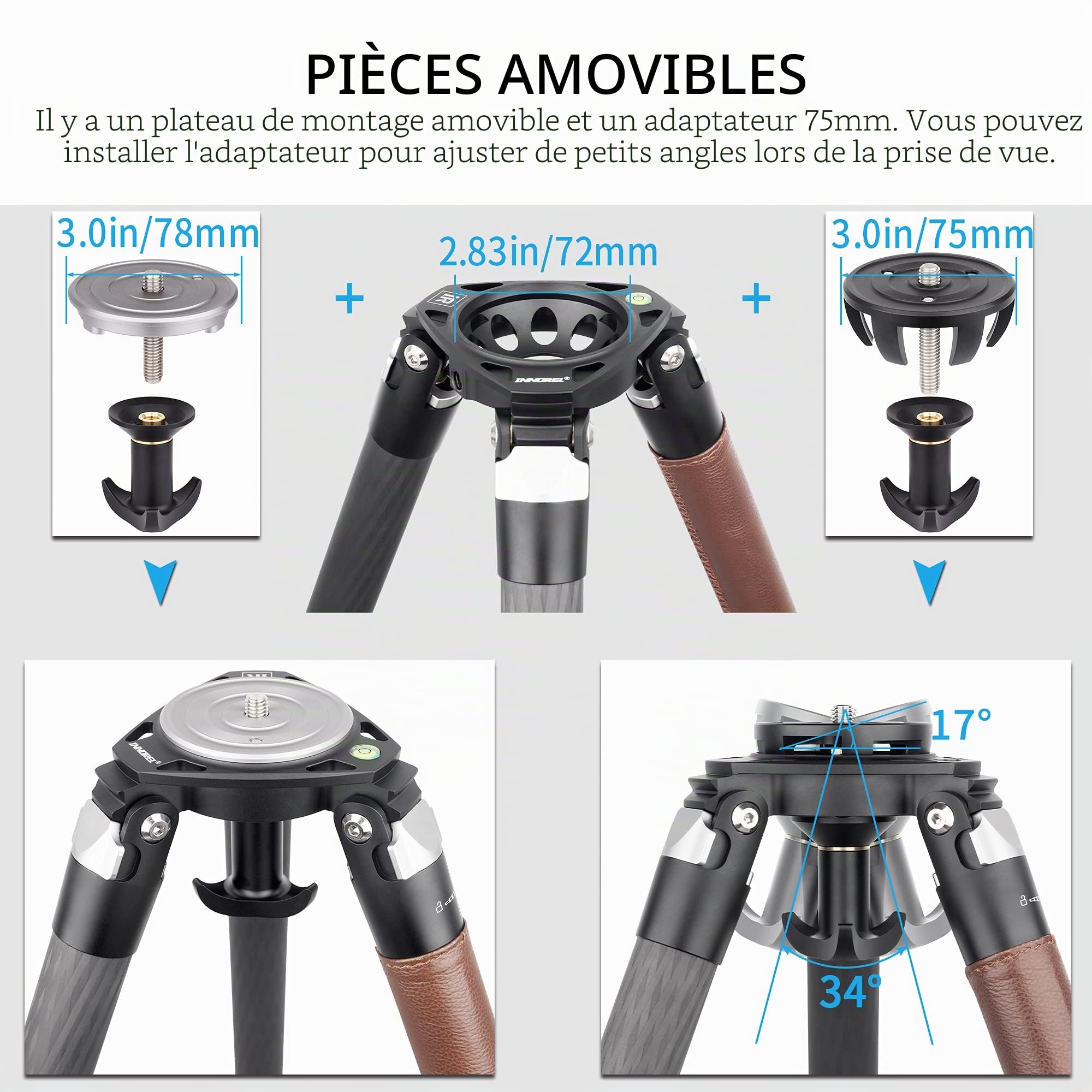 Carbon Fiber Tripod-INNOREL ST344C Professional Heavy Duty Camera Stand with 75mm Bowl Adapter Tube Leg 34.4mm, Max Load 77.2 lbs/35kg,Max Height 63 in/160cm for DSLR Travel Shooting No Mid-Column