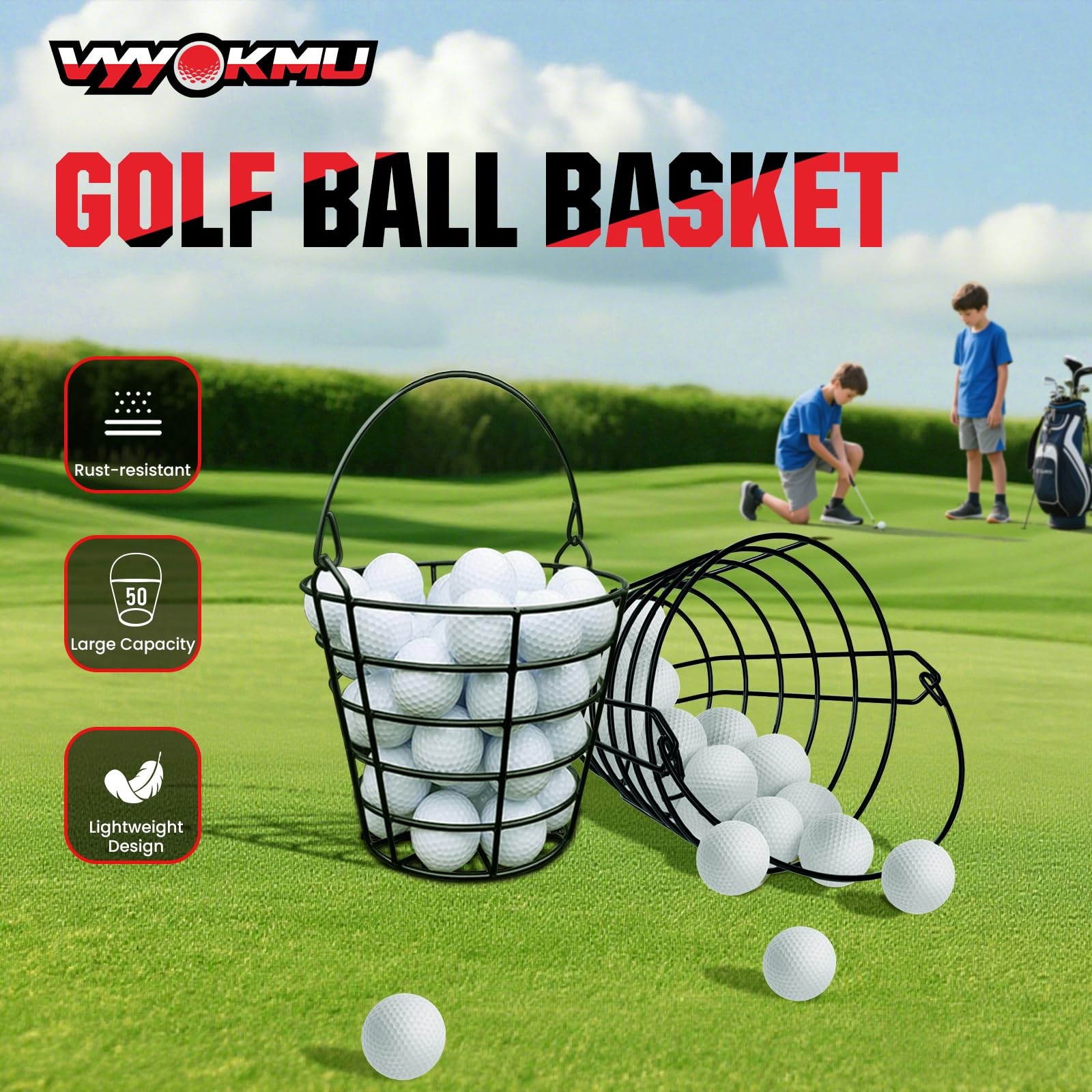 Mental Golfballkorb mit Griff, 2 Stück Golfballeimer, Edelstahl-Eimer mit Golfbällen, hält 50 Bälle Golfballhalter, tragbare Metallkörbe zur Aufbewahrung für Golfwagen-Zubehör