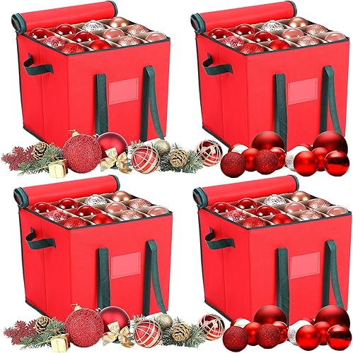 Sadnyy 4 cajas de almacenamiento de adornos de Navidad para 64 decoraciones de 3 x 3 pulgadas con asas, divisores ajustables, cremallera, contenedor