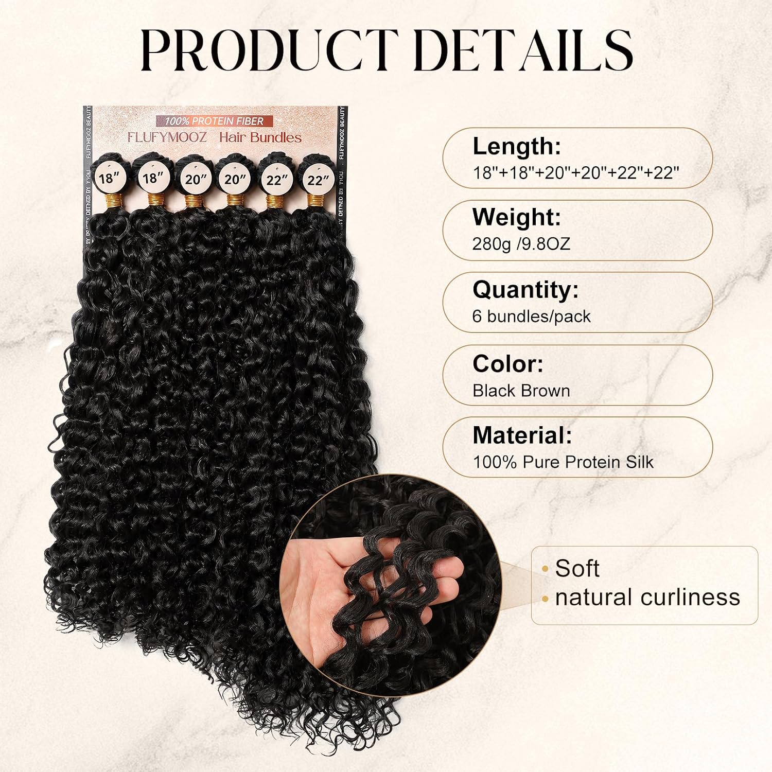 FLUFYMOOZ Curly Hair Bundles, 6PC 100％ Pure Protein Silk Kinky Weave Hair Bundles 18 20 22 Inch Black Hair Weft Extensions for Women(Black Brown)