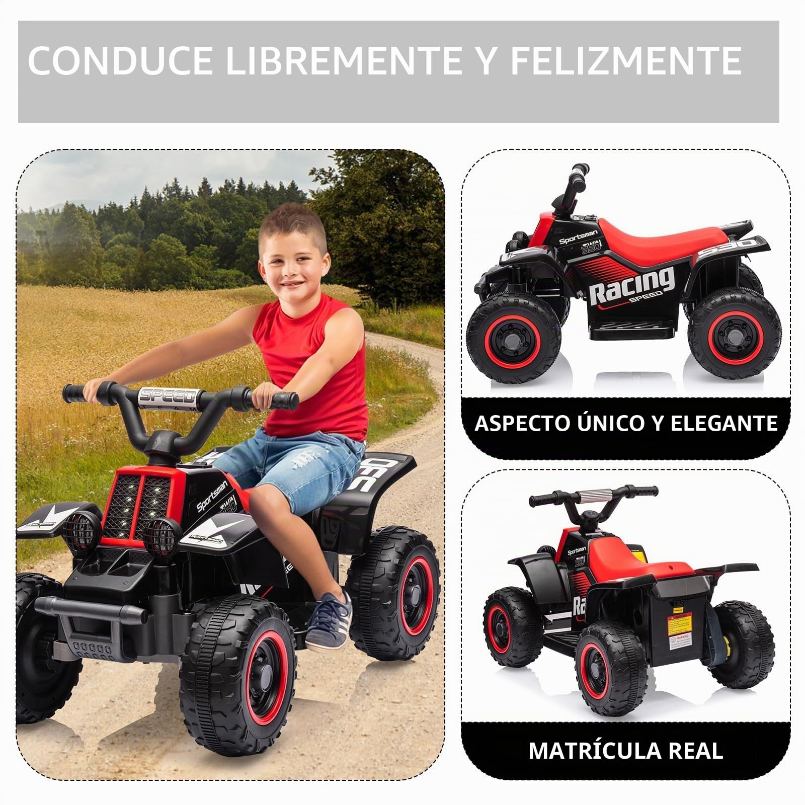 Garvee Quad Eléctrico Niño 6V, Coche Eléctrico para Niños con LED Y Música, 1,8 km/h con Botón, Arranque de Larga Autonomía, ATV para Niños 3+ Años