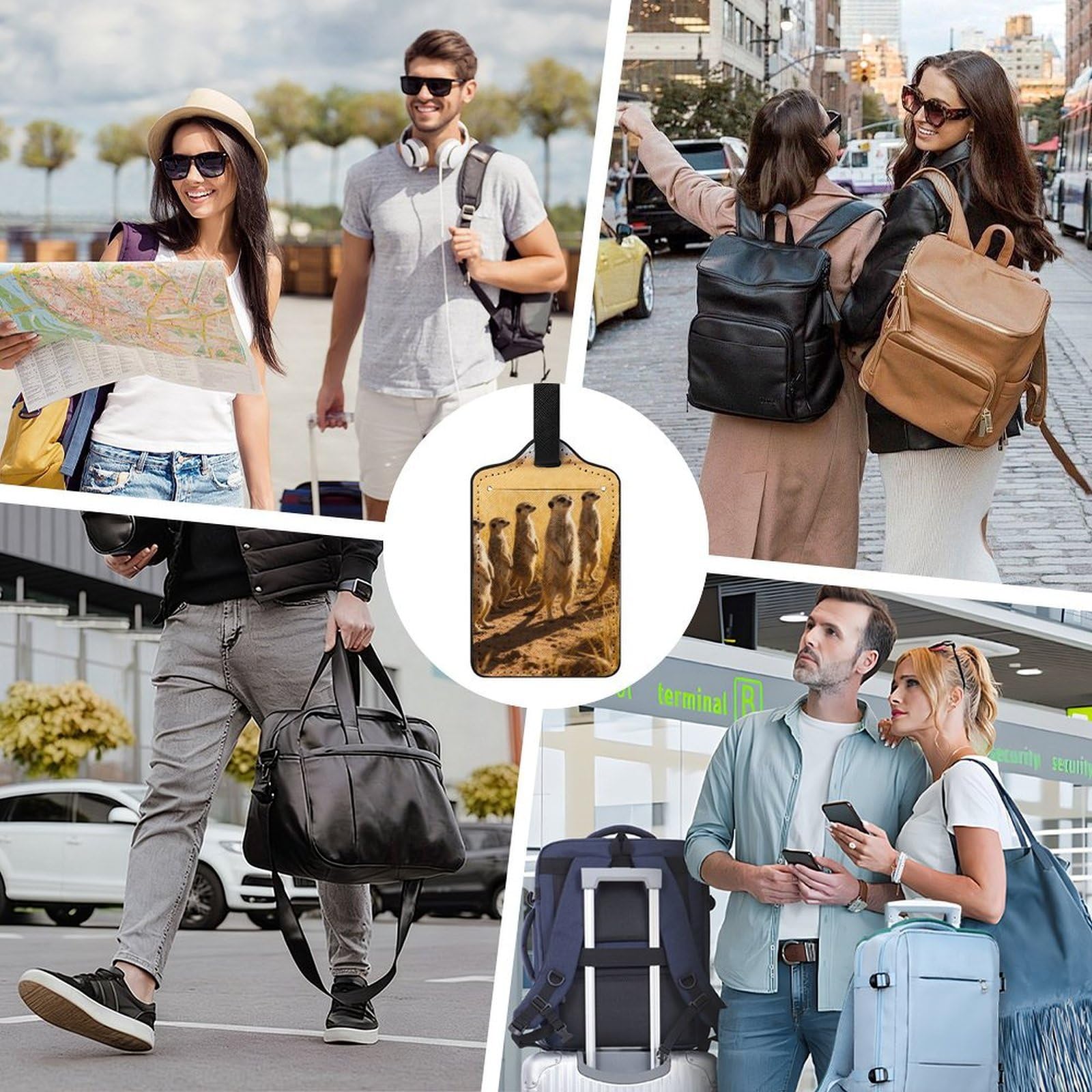 Etichette personalizzate per valigie con motivo suricati sul prato con copertura per la privacy, slot per carte d'identità, per borse da viaggio, etichette con nome dal design unico per valigie, zaini