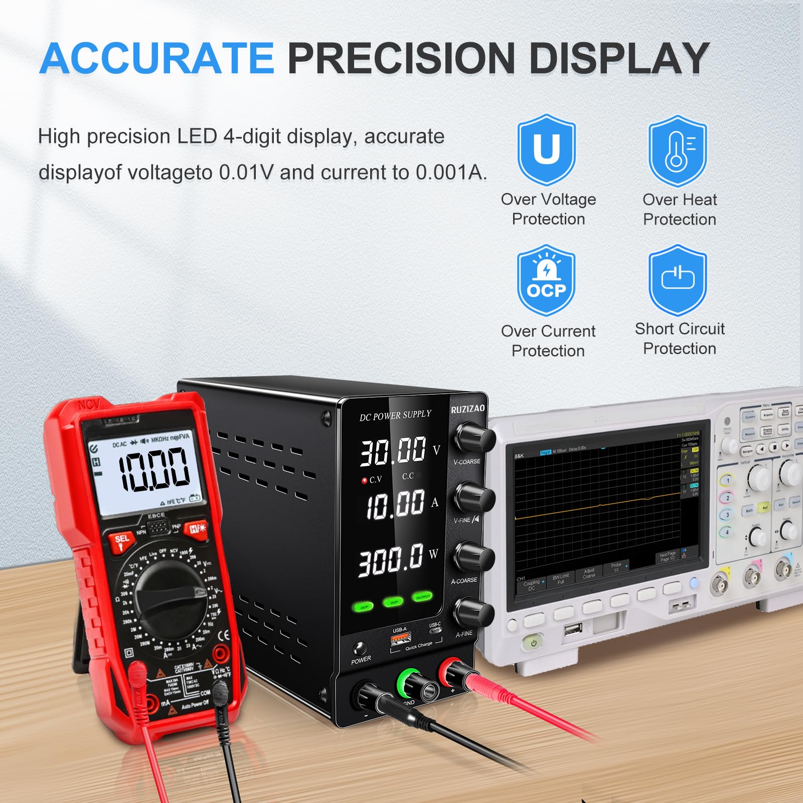 Alimentatore da Laboratorio 30V 10A Alimentatore da Banco con OCP/OVP/Interruttore di Uscita/Encoder/18W USB Carica Rapida, Alimentatore Stabilizzato per Elettronica/Riparazione/Batterie Test