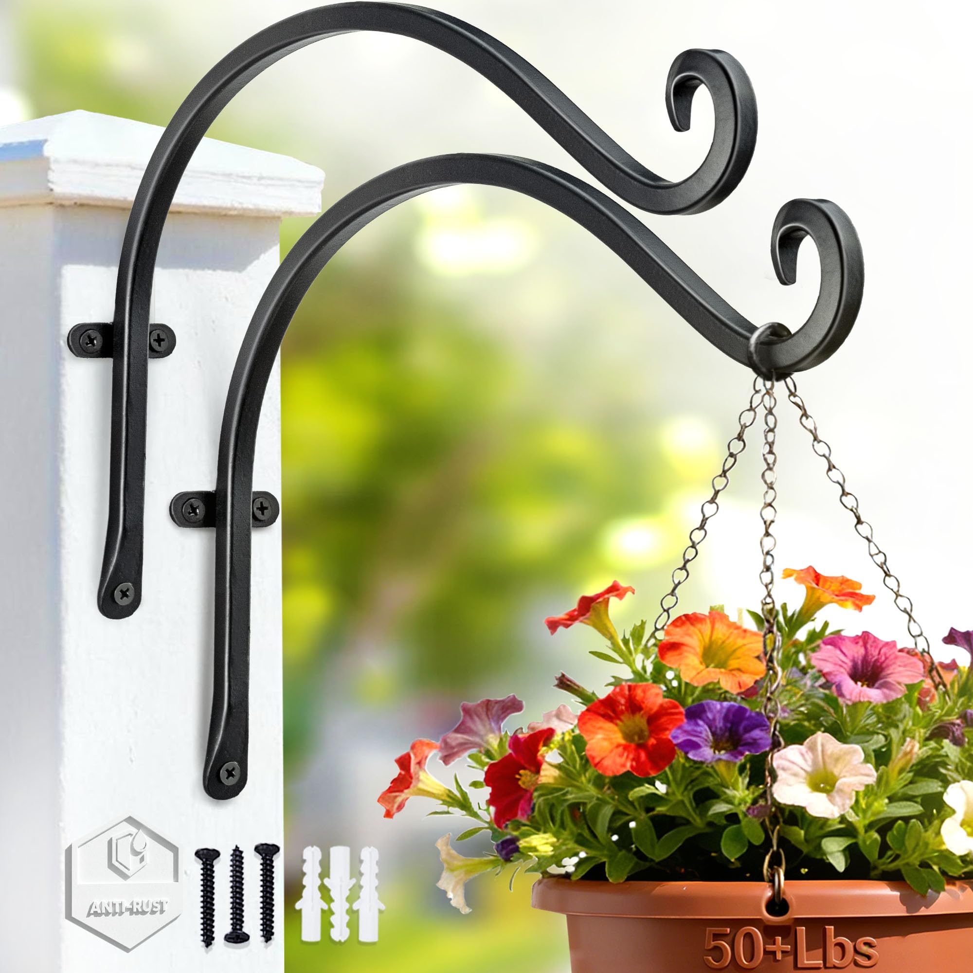 AJART Heavy-Duty Plant Hanger Outdoor - Can Hold 50 Lbs Plant Basket or Large Bird Feeder - 12 Inch Solid Iron Windproof, Rustproof Wall Hooks - with Triangular Stability - 2 Pieces