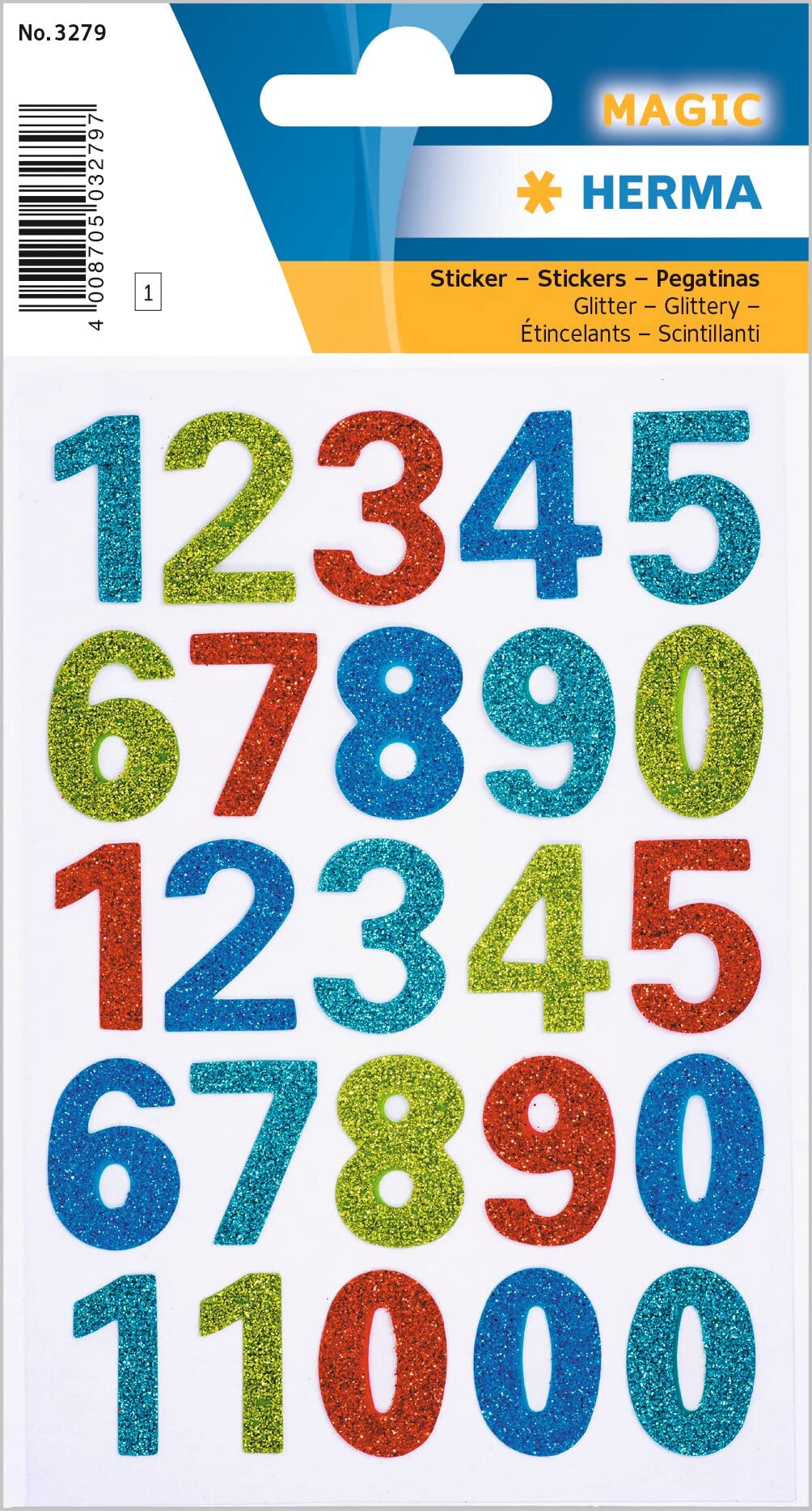 Herma 3279 Number Stickers Glitter Colourful 0-9, Pack of 25, Self-Adhesive, Large, Children's Number Number Adhesive Numbers Stickers, House Numbers Made of Foil for Sticking, DIY Crafts,