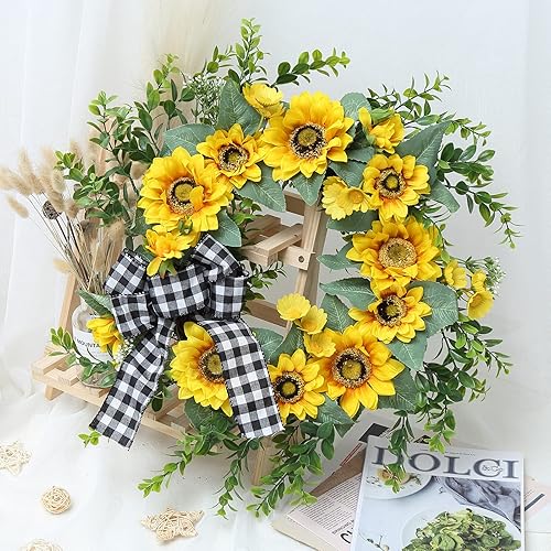 Miniatura 5 de Adeeing Corona de girasol de primavera y verano para puerta delantera, decoración de girasol de 18 pulgadas con hojas verdes, lazo hecho a mano para