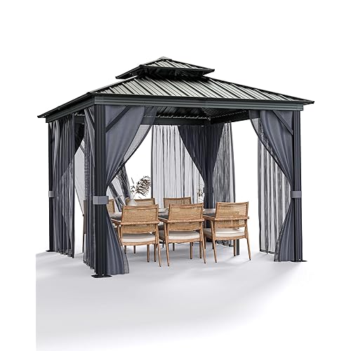 Outdoor Gazebo 8x8 Hardtop, Permanent Pavilion with Aluminum Frame, Double Roof, Mosquito Net & Privacy Curtains. Ideal Canopy Tent for Patio, Garden, Deck.Carpa para Patio for Parties