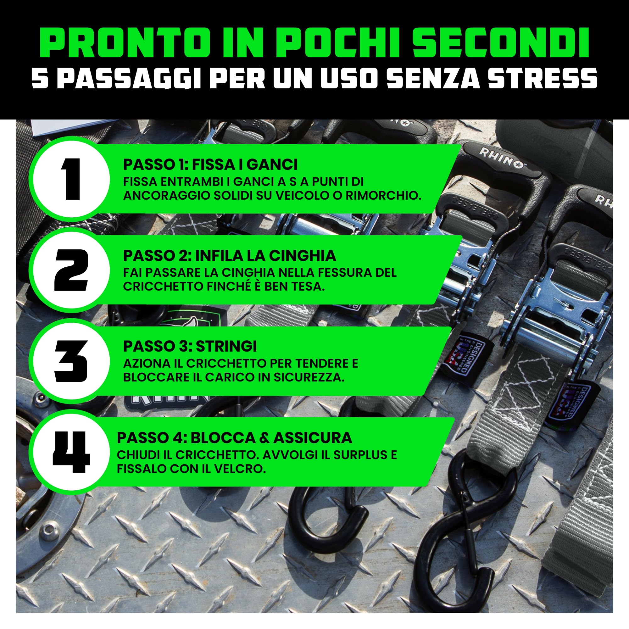 Rhino USA Cinghie a Cricchetto 2000kg, 4cm x 2.4m - Cinghie di Fissaggio Carico - 4 Pz - Cinghie per Trasloco e Trasporto - Cinghia a Cricchetto - con Manici e Ganci a S in Cromo Rivestito - Grigio