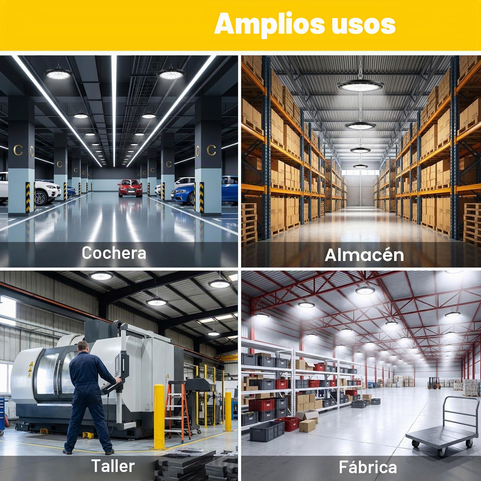UFO LED Lámpara de Alta Bahía 100W, 12800LM Focos Led Interior Techo, 6000K Lámpara Alta Bahía, Iluminación Impermeable IP66 Campana LED Industrial para Fábrica, Garaje, Taller 4PCS