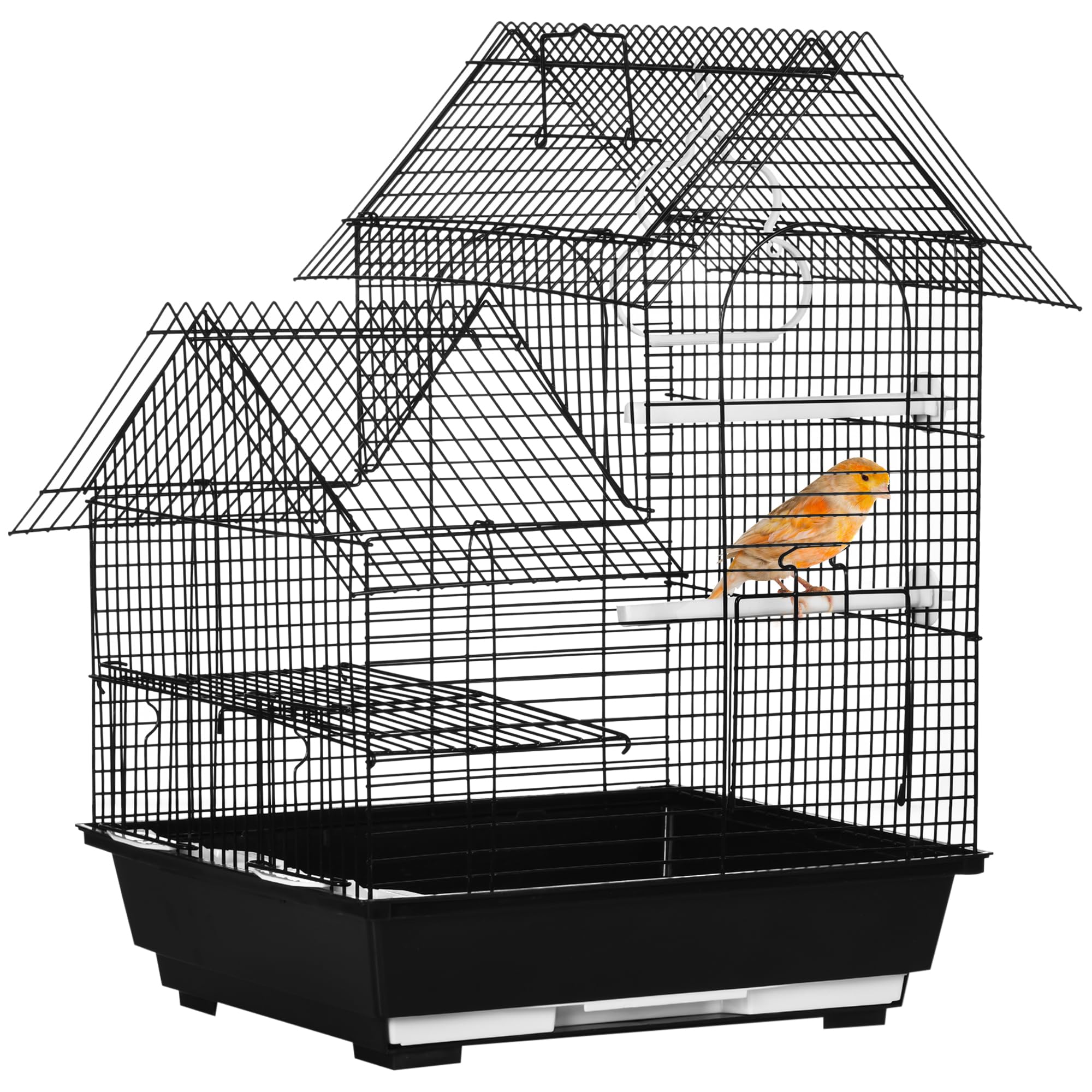 PawHut Jaula para Pájaros 39x33x47 cm Pajarera Metálica con 3 Puertas 2 Comederos 2 Perchas Columpio Bandeja Extraíble y Asa de Transporte para Canarios Negro