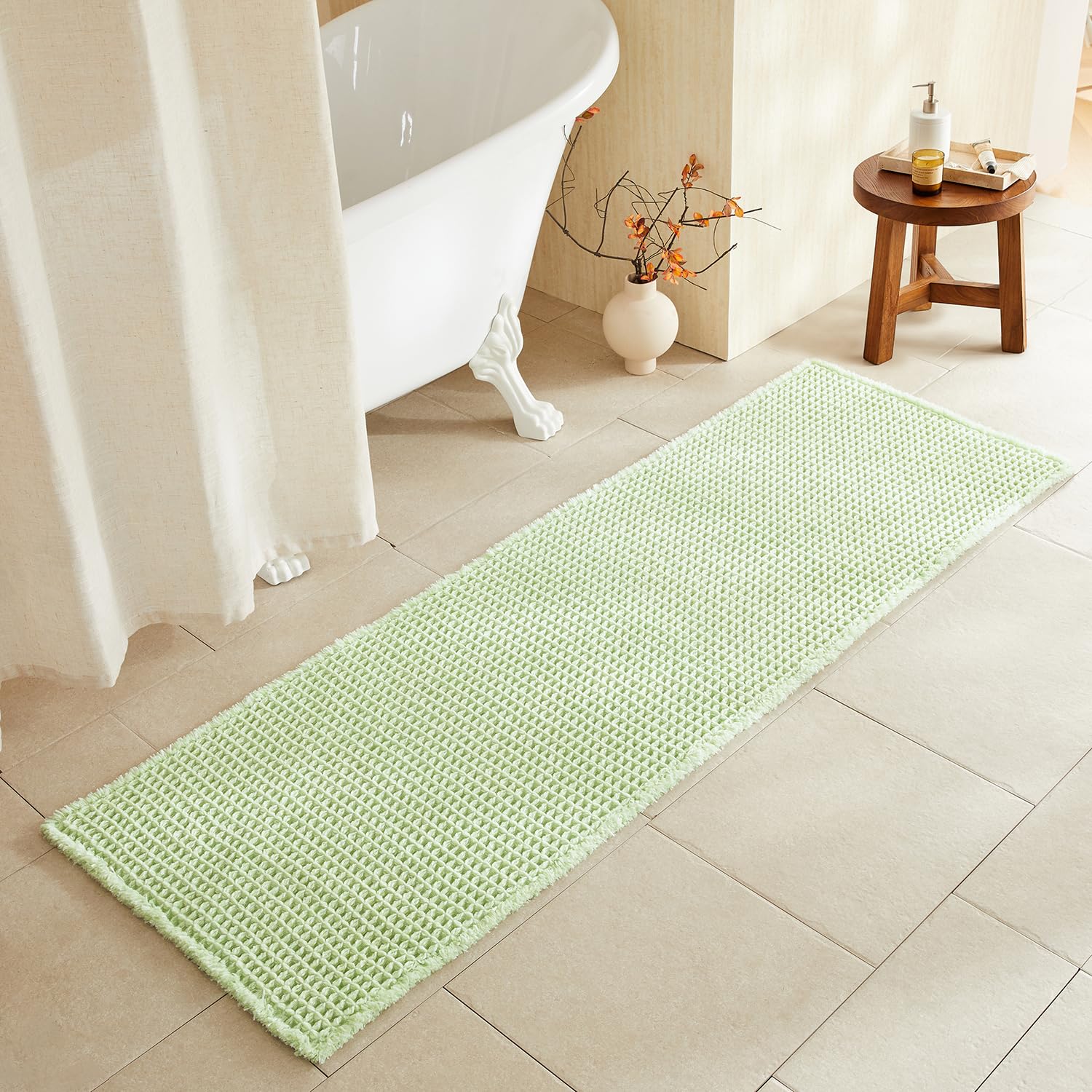 TYUU Waffle Runner Rug Bathroom, Long Boho Bath Mat, 72x24 Pale Green