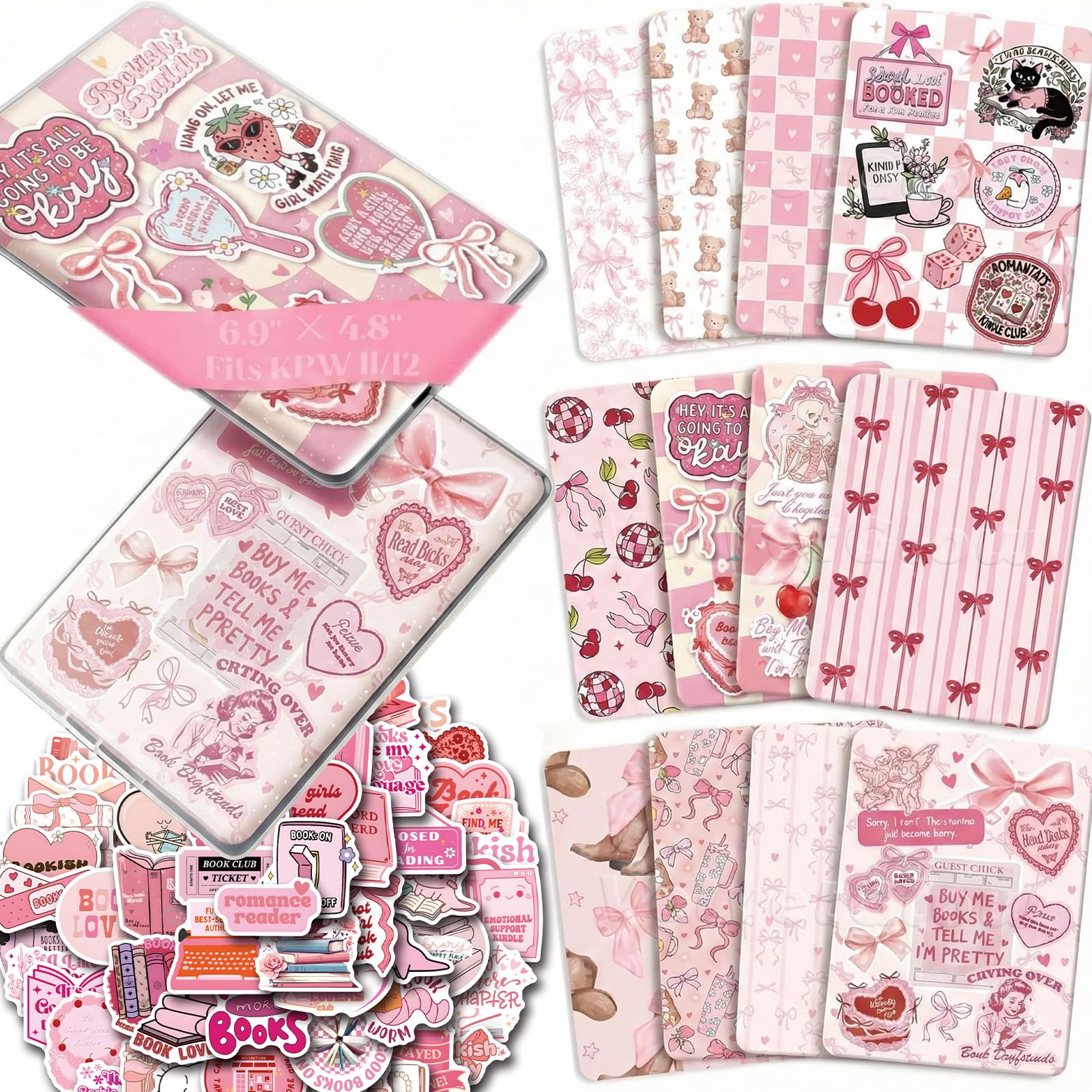 VelvetGlow 12PCS Inserts Cardstock for E-Reader Clear Case with 50PCS Scrapbook Stickers for Insert, 6.9"x4.8" Pink Bow Theme Back Cover Accessories for Paper White 11th-12th, Gifts for Booklovers