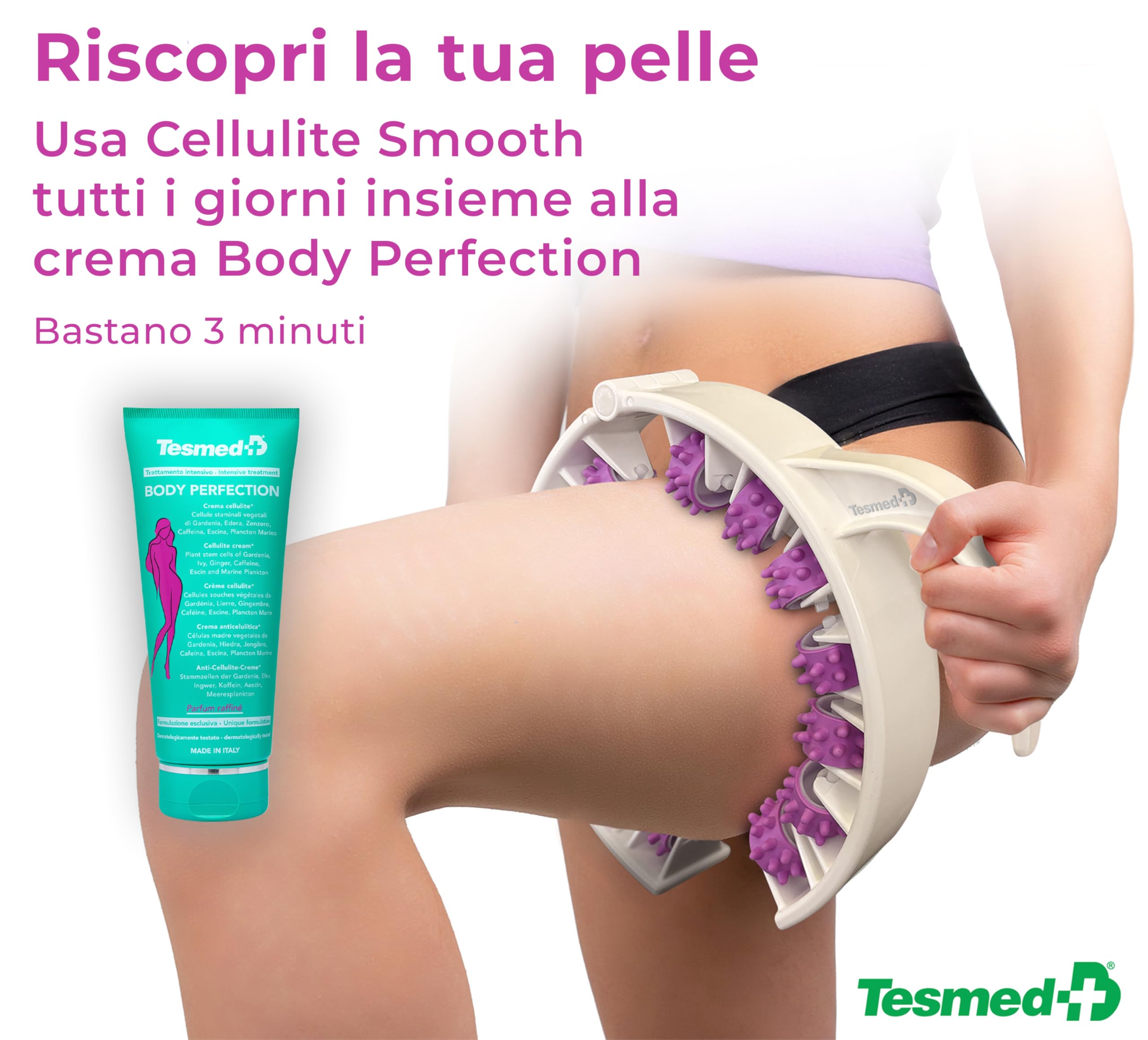Kit Anticellulite TESMED CELLULITE SMOOTH e CREMA BODY PERFECTION, Massaggiatore Anticellulite con Rulli Brevettati, crema corpo anticellulite rassodante. Per pelle a buccia d'arancia e gambe pesanti