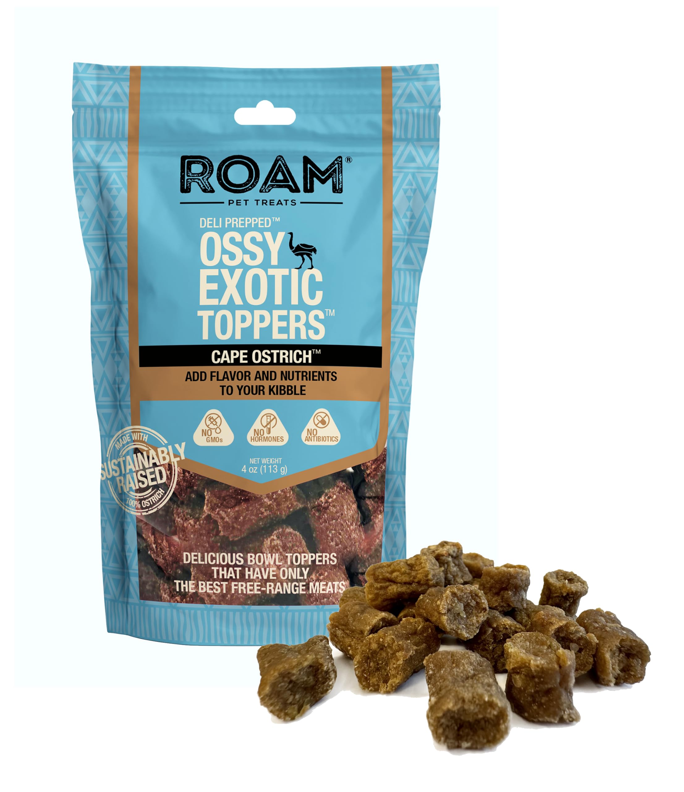 ROAM Dog Treats Ossy Exotic Dog Topper - Single Protein, Sustainably Raised Ostrich Meat Dog Food Topper - Non-GMO Ostrich Dog Treats 4 Ounce