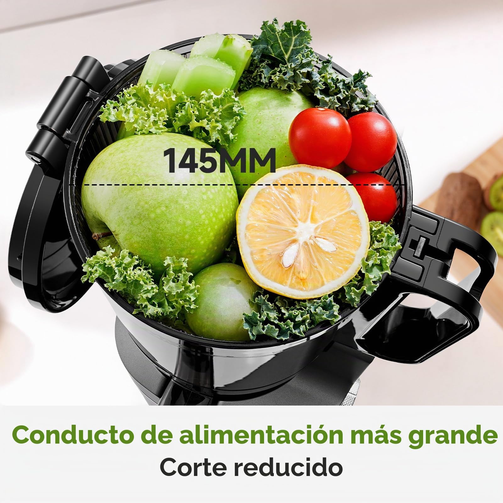 AMZCHEF Extractor de Zumos y Verduras Automático, 145MM Apertura y 1,8L Capacidad Licuadora para Verduras y Frutas Entera, 250W Licuadora Prensado en Frio Lento con Triple Filtro - Negro
