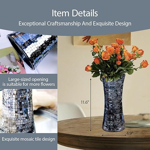 Miniatura 2 de HMRCYTE Jarrón de mosaico de vidrio, 11.6 jarrones de vidrio negro para centros de mesa de flores, decoración moderna con purpurina, jarrones de