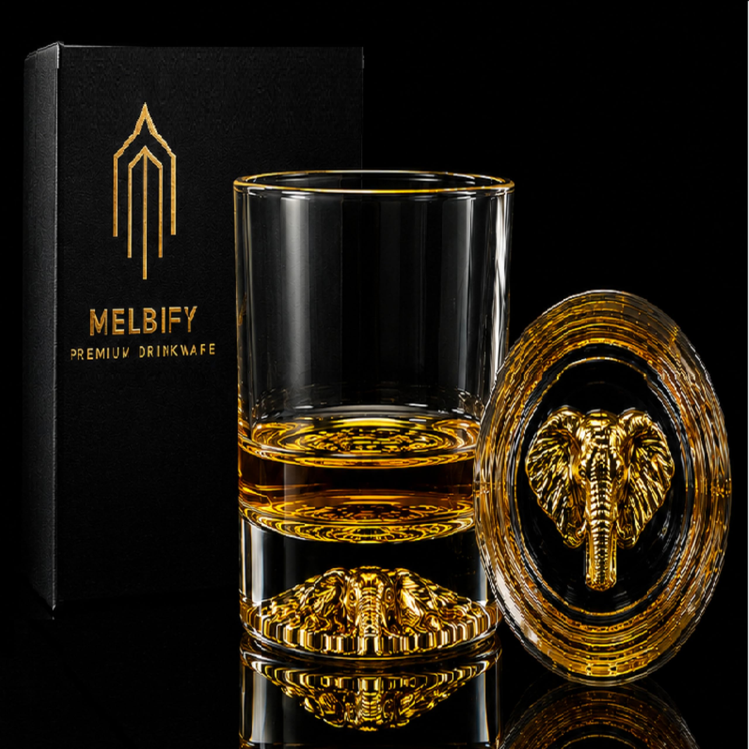 Melbify Elephant Whisky Glass | Set of 2 | 300 ml | Premium Packing | Gift Box | Golden Whiskey Glasses|Big| Unique| Broad | Thick Bottom | Premium | Speciality Whiskey Glass | Gold Plated