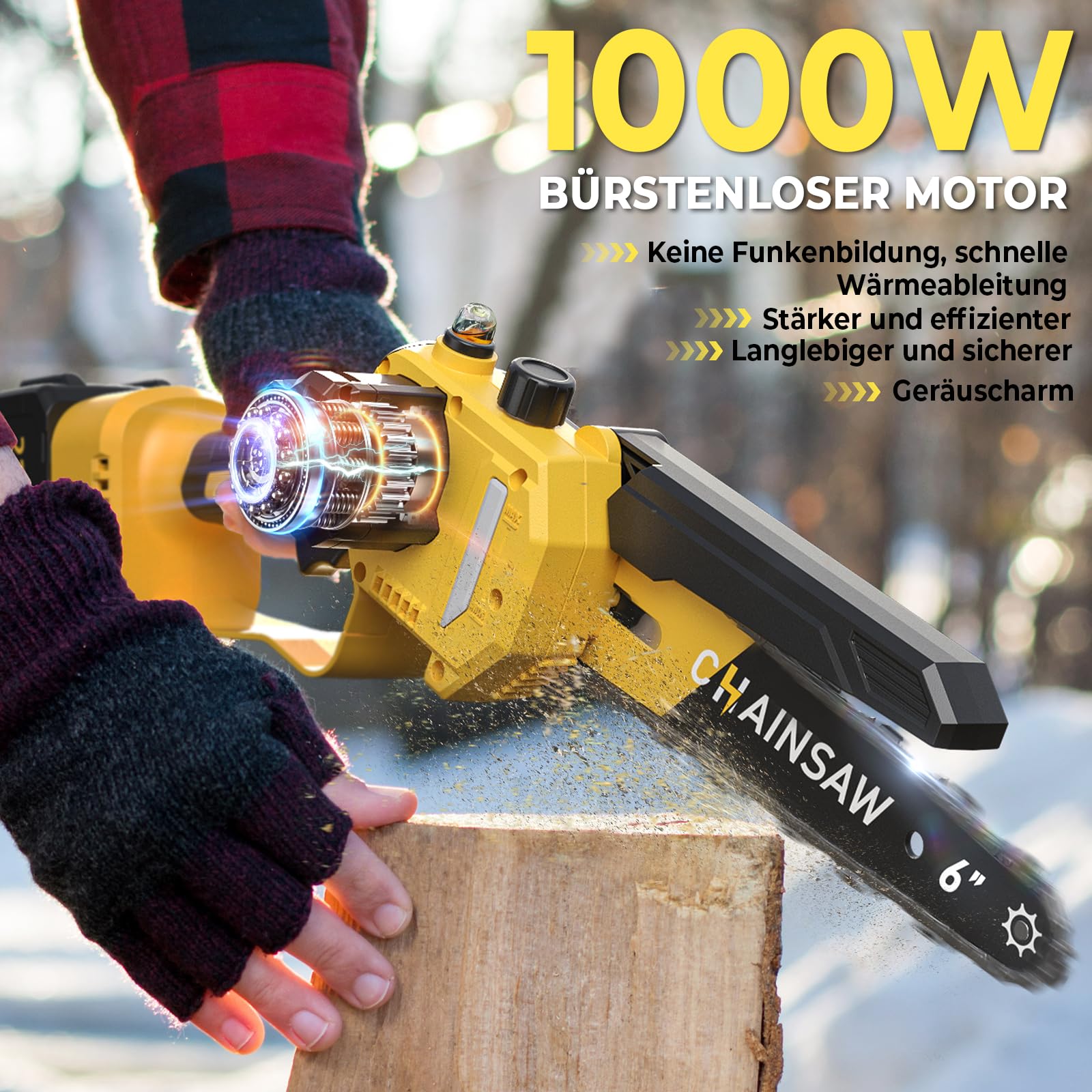 Mini Akku Kettensäge 6 Zoll, 1000W Brushless Mini Kettensäge Elektro mit 4000mAh Akku, Handkettensäge mit Auto-Öler, Astsäge Akku Kompatibel mit Makita, Motorsäge für Garten Baumschnitt Schere