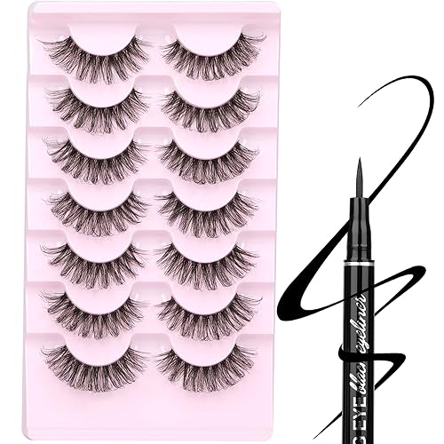 Miniatura 8 de TNFVLONEINS - Pestañas postizas de visón natural con banda transparente aspecto natural pestañas esponjosas de ojo de gato con delineador líquido