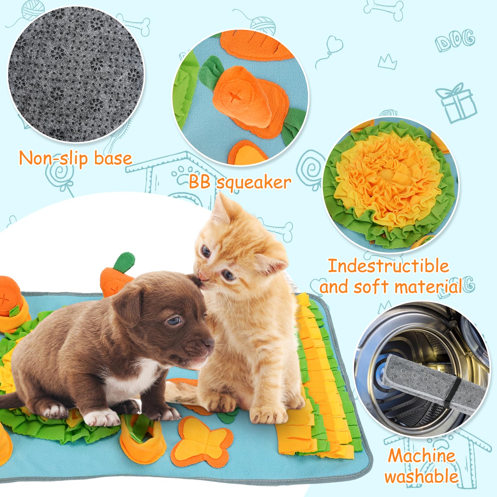 DEWEL Alfombra Olfativa Perros, Snuffle Mat con Zanahorias con Sonido, Juguete Interactivos para Perros, Manta de Actividades Mascota Plegable y Lavable, 78.5x48 cm (Azul Cielo)
