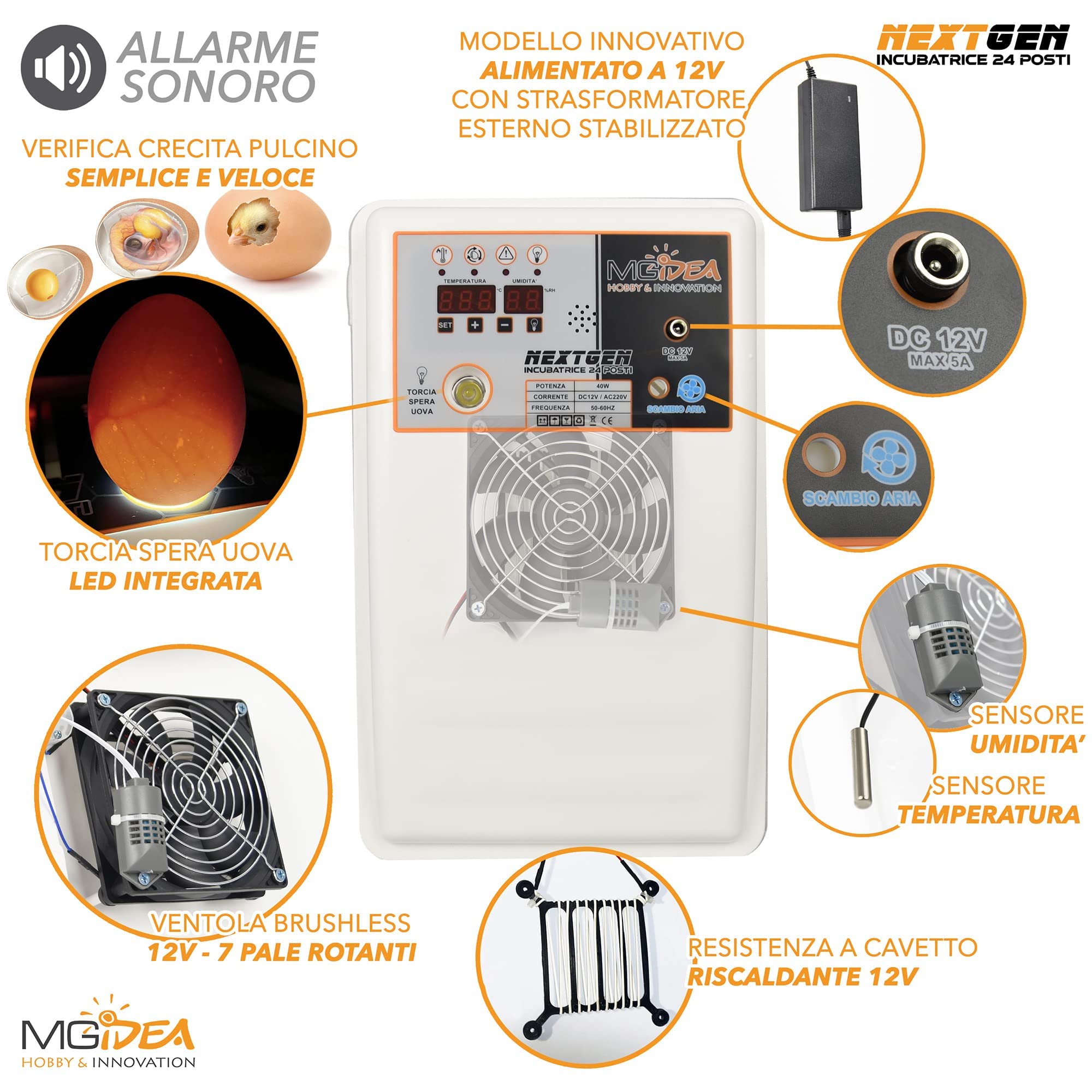 incubatrice incubatore digitale girauova rotazione automatica tester sperauova luce led pollame uova 24 posti controllo temperatura umidità tutte specie gallina quaglia pernice fagiana tacchina