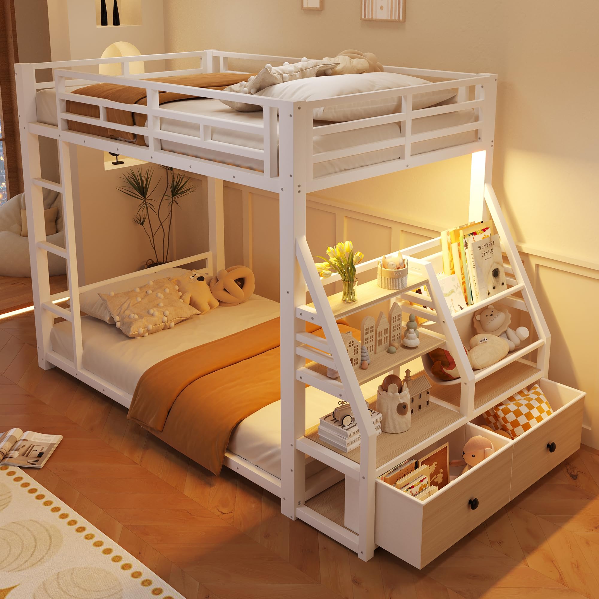 Sapgaks Lit superposé Enfant en métal 90 x 200 avec éclairage LED et 2 tiroirs en Tissu,Rangement,lit Enfant 90x200,Cadre de lit 2 Personne,Blanc