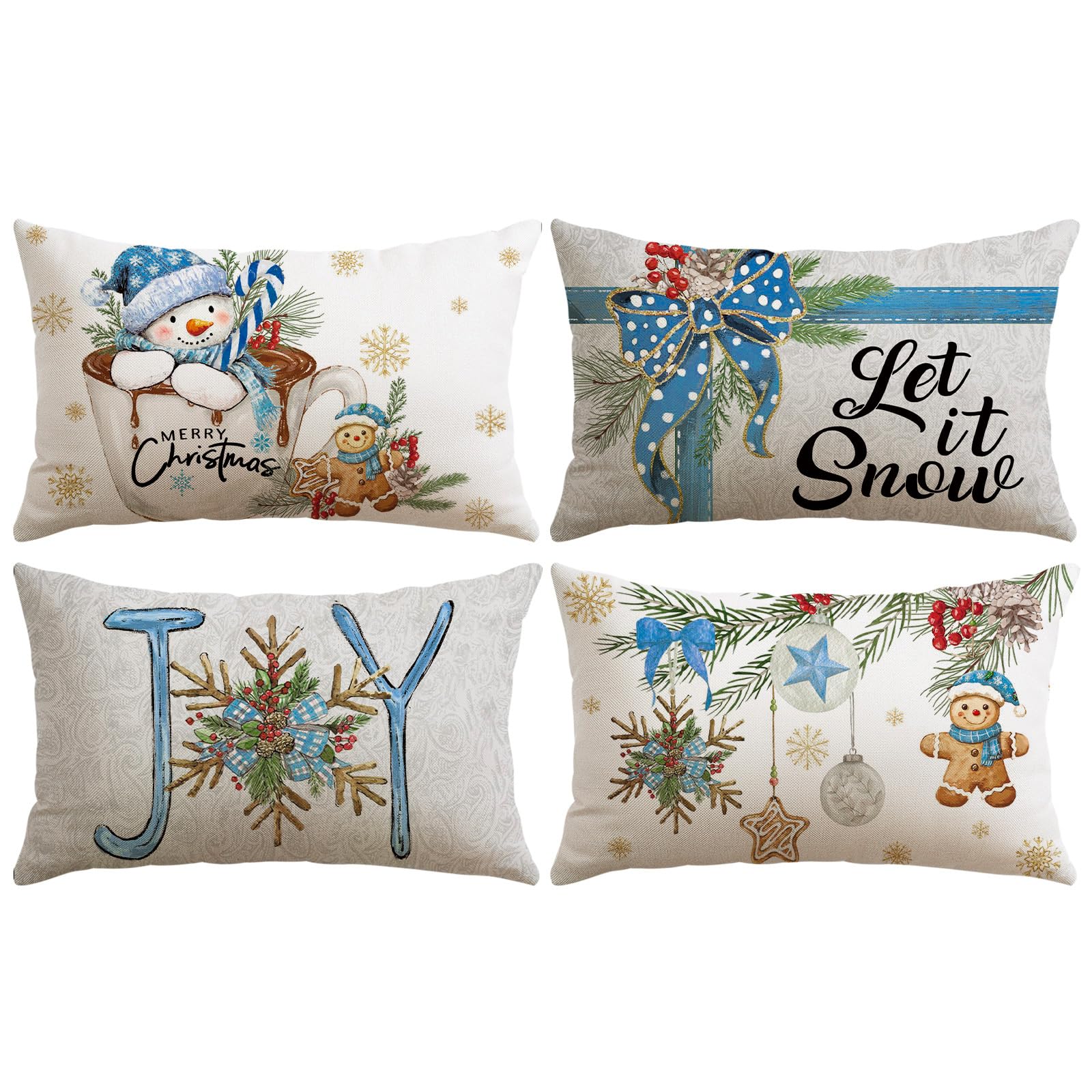 Artscope Set of 4 Blue Christmas Cushion Covers 40x60cm Winter Xmas Decorative Pillow Case Cover for Sofa Living Room Holiday Decor (Blue- Snowman and Gingerbread Man) — image 1