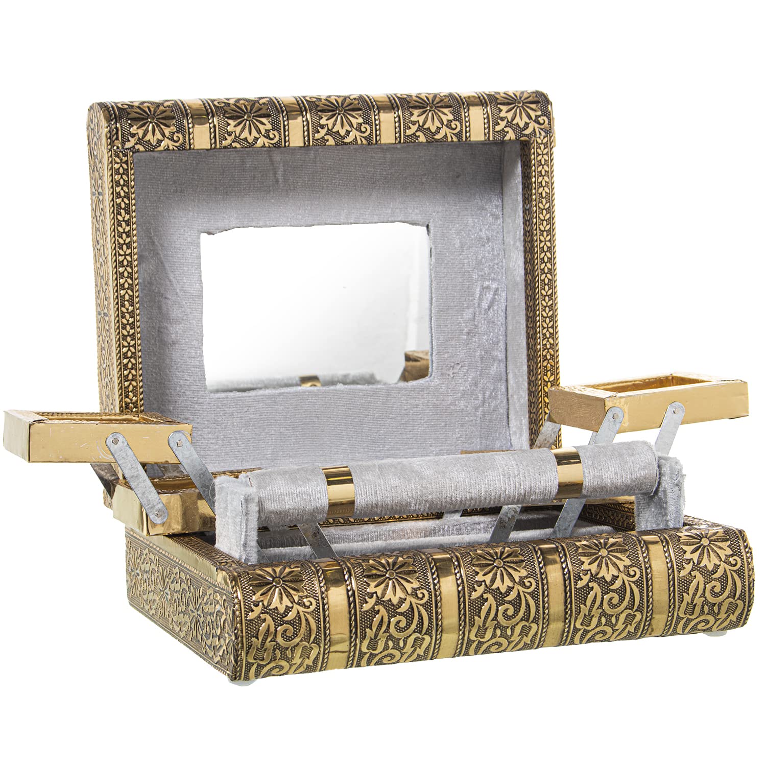 DRW Portagioie A Forma Di Libro In Metallo Con Specchio - 23x19x9 Cm, Colore Oro - Elegante Scrigno Portagioie - copertina