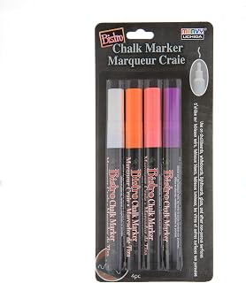 Marvy Uchida Bistro Fine Line Chalk Markers, 4 Fluorescent Colors Set - Eraseable on Chalkboards, Whiteboards & Lightboards