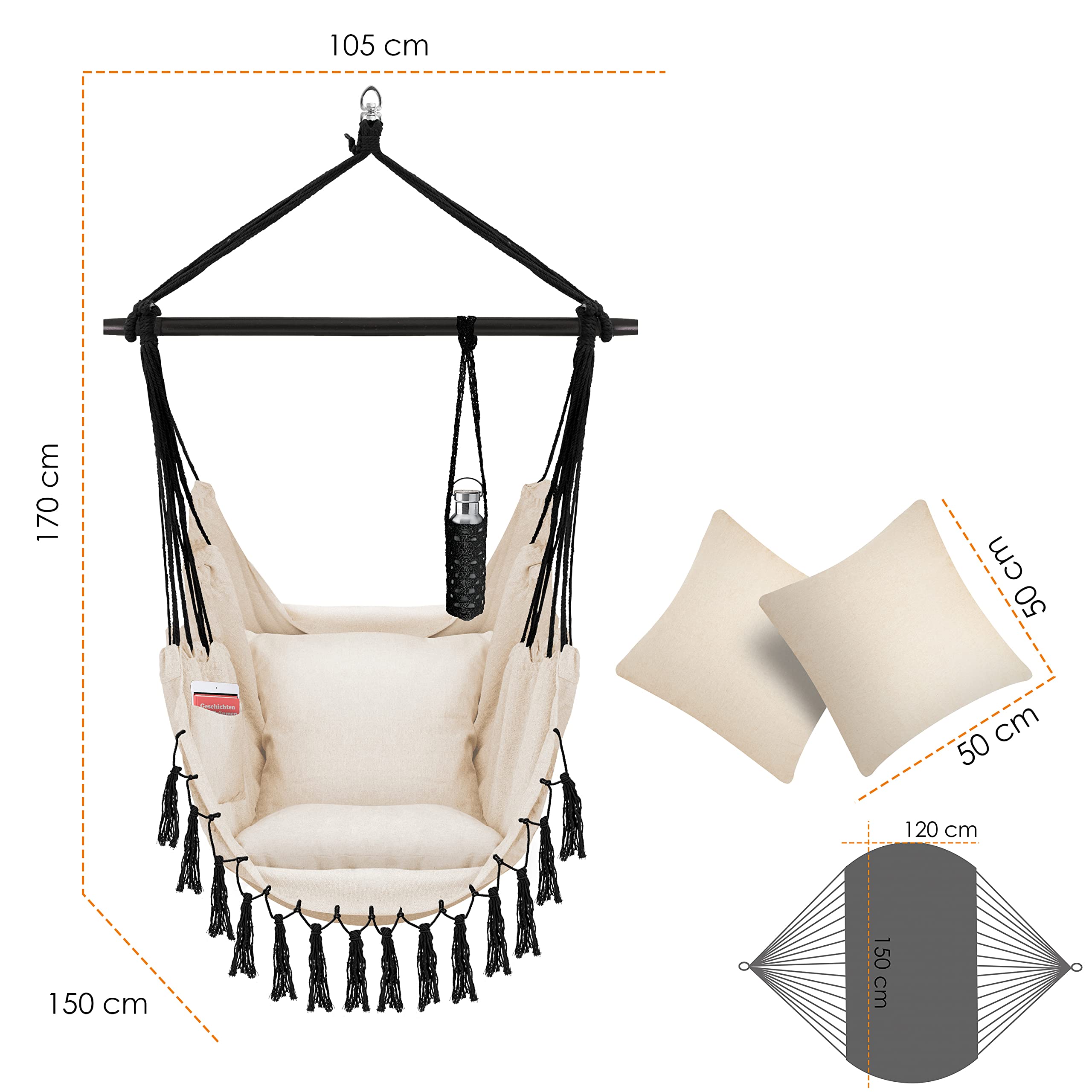 KESSER® Silla Colgante con 2 Cojines, portabebidas y Compartimento para Libros, Silla Colgante Safari XXL para Adultos y niños, Hamaca de hasta 150 kg, para Interior y Exterior, jardín, Beige