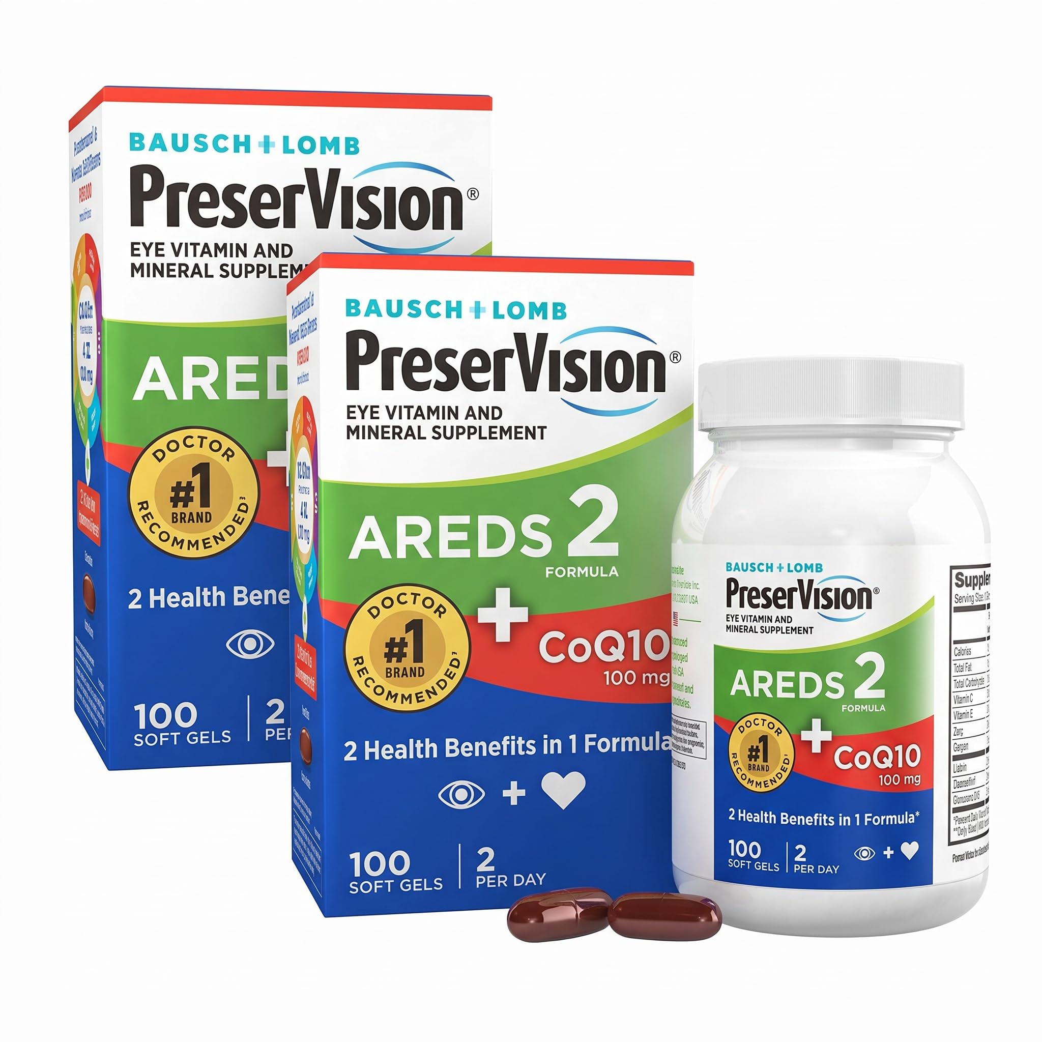 PreserVision AREDS 2 Eye Vitamins with CoQ10 for Heart Health,#1 Eye Doctor Recommended Brand,Lutein and Zeaxanthin Supplement with Vitamin C &amp; E,Zinc,and Copper,100 Softgels,(Pack of 2)