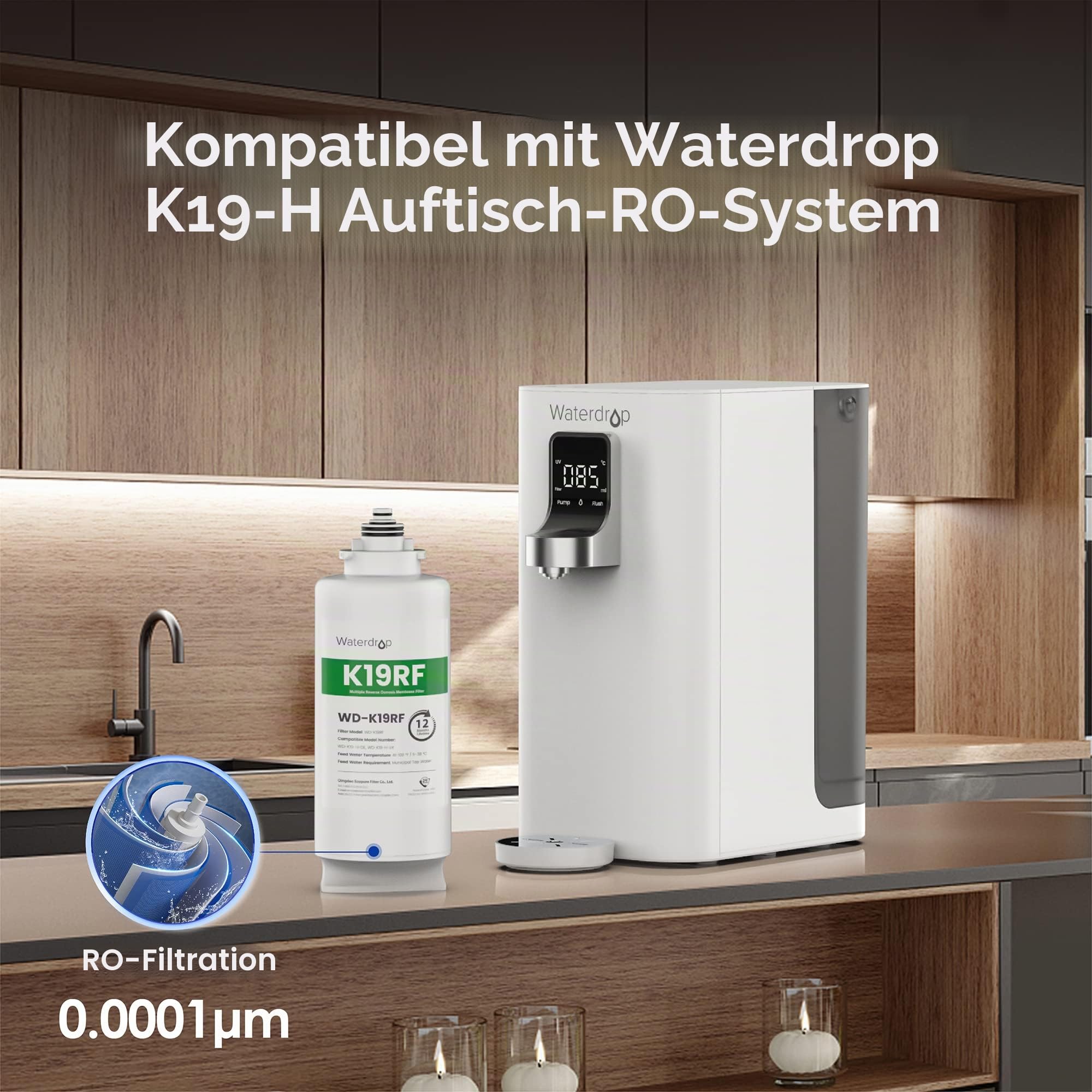 Waterdrop K19RF Ersatzfilter für K19-H Auftisch Osmoseanlage, 12 Monate | Lange Filterlebensdauer, Einfacher und Schneller Filterwechsel, Tisch-Umkehrosmosefilter